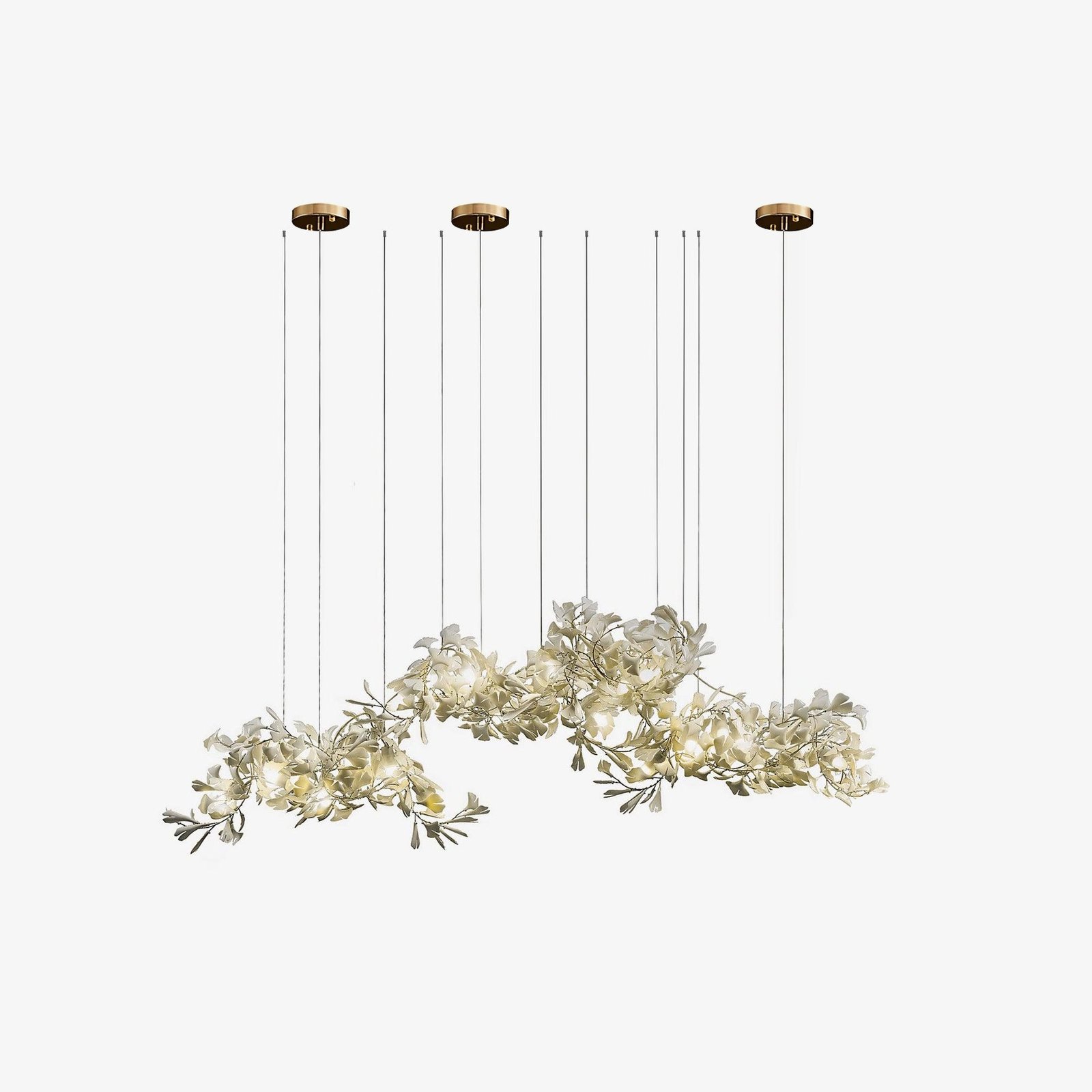 Gingko Chandelier C L 98.4″ x H 78.7″ in Gold and White with Canopy (3 pieces), L 250cm x H 200cm