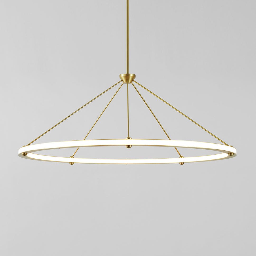 Gold Halo Circle Pendant Lamp with a diameter of 23.6 inches and a height of 19.6 inches, or a diameter of 60cm and a height of 50cm. The lamp emits a cool white light.