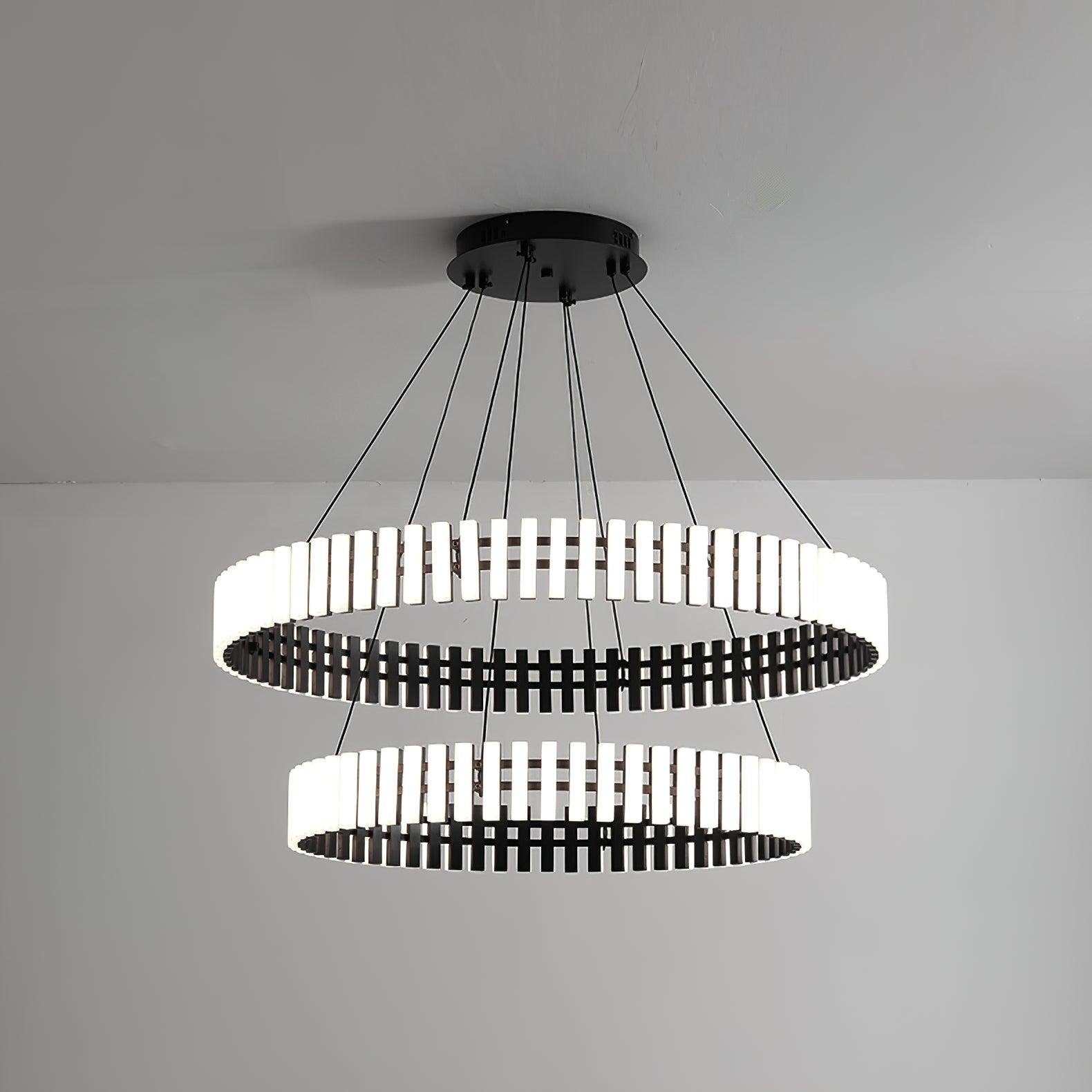 Black or white Hanging LED Chandelier, measuring 15.7" and 23.6" in diameter with a height of 59", emitting a cool light.