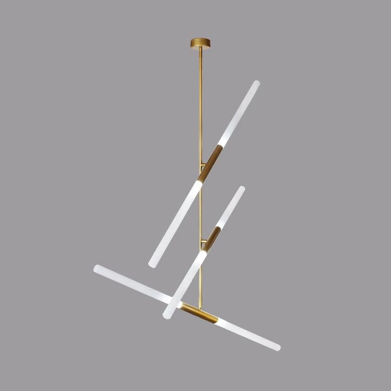 Gold and white, cool white, 39.4-inch diameter and 43.3-inch height (100cm x 110cm) linear suspension with six headlights.