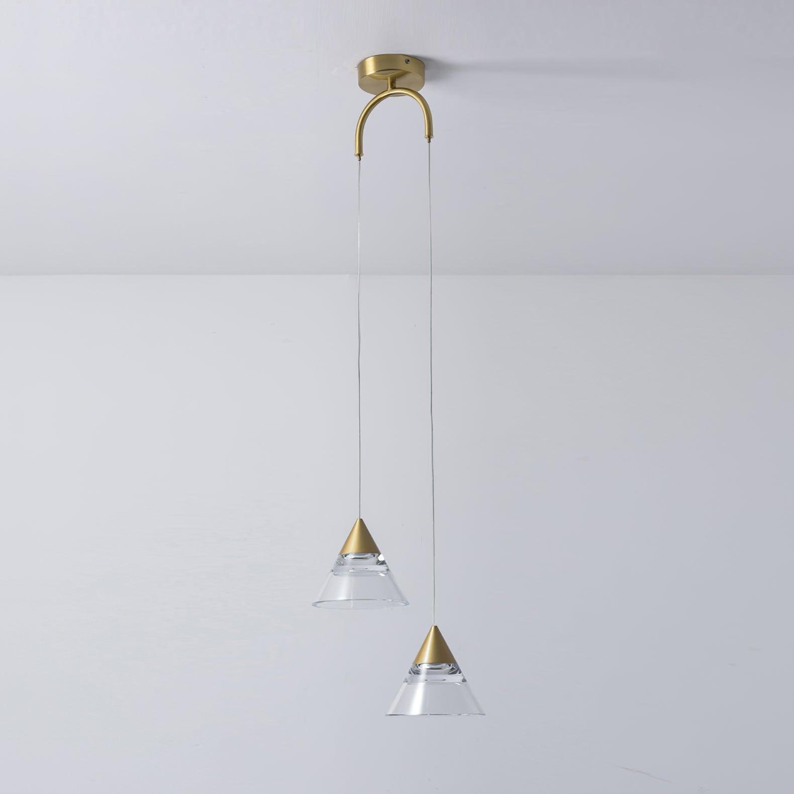 Mini Pendant Light featuring 2 heads, with dimensions of Ø 10.2" x H 59" (26cm x 150cm), in a sleek polished brass and clear finish, offering a refreshing cool light.