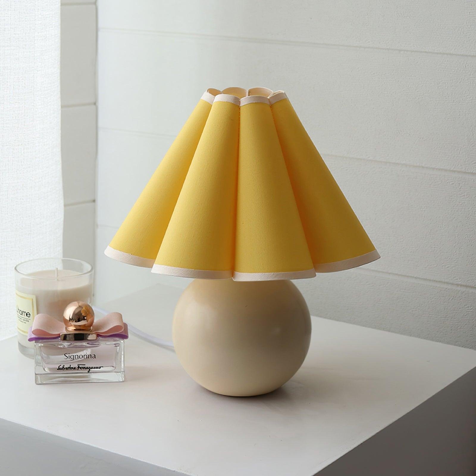Yellow Table Lamp featuring Small Knife Pleats, measuring 11" in diameter and 9.8" in height (28cm x 25cm), designed with a UK Plug.