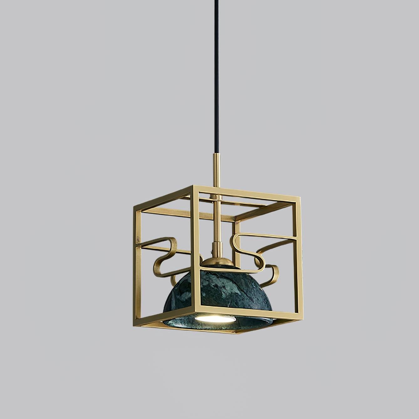 Lantern Square Pendant Lamp Model B ∅ 7.8″ x H 7.8″ , Dia 20cm x H 20cm , Polished Brass+Green Marble