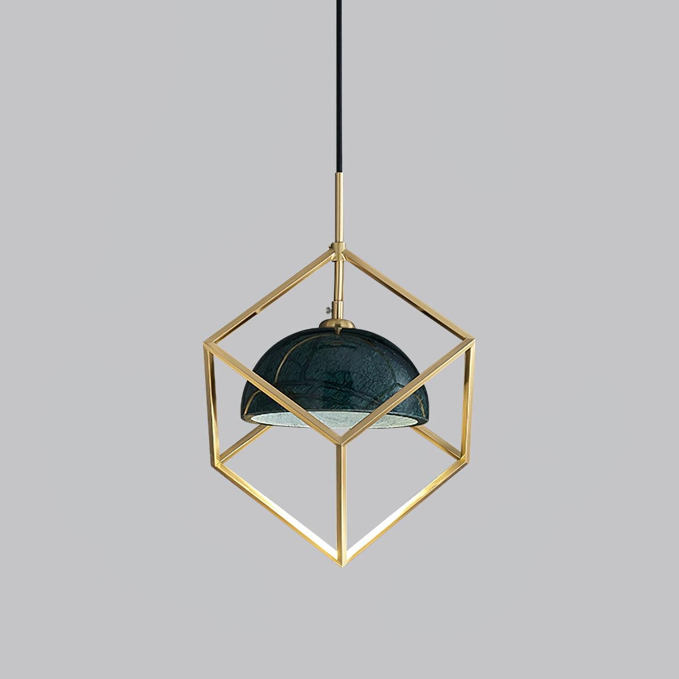 Lantern Square Pendant Lamp Model D ∅ 7.8″ x H 7.8″ , Dia 20cm x H 20cm , Polished Brass+Green Marble