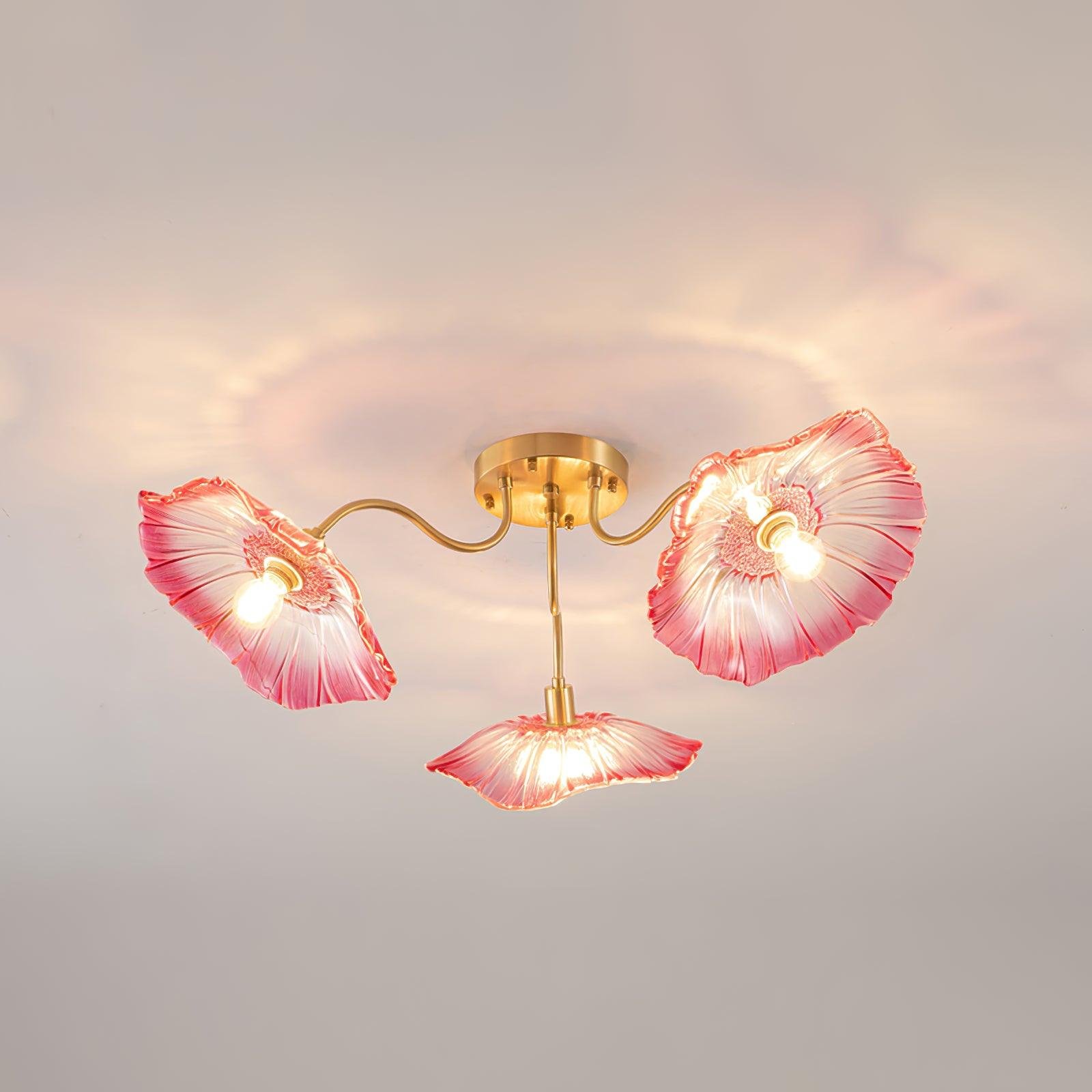 Lotus Leaf Glass Ceiling Lamp: Gold and Pink Design, 3 Heads, 31.5-inch Diameter, 10.3-inch Height (80cm x 26cm)