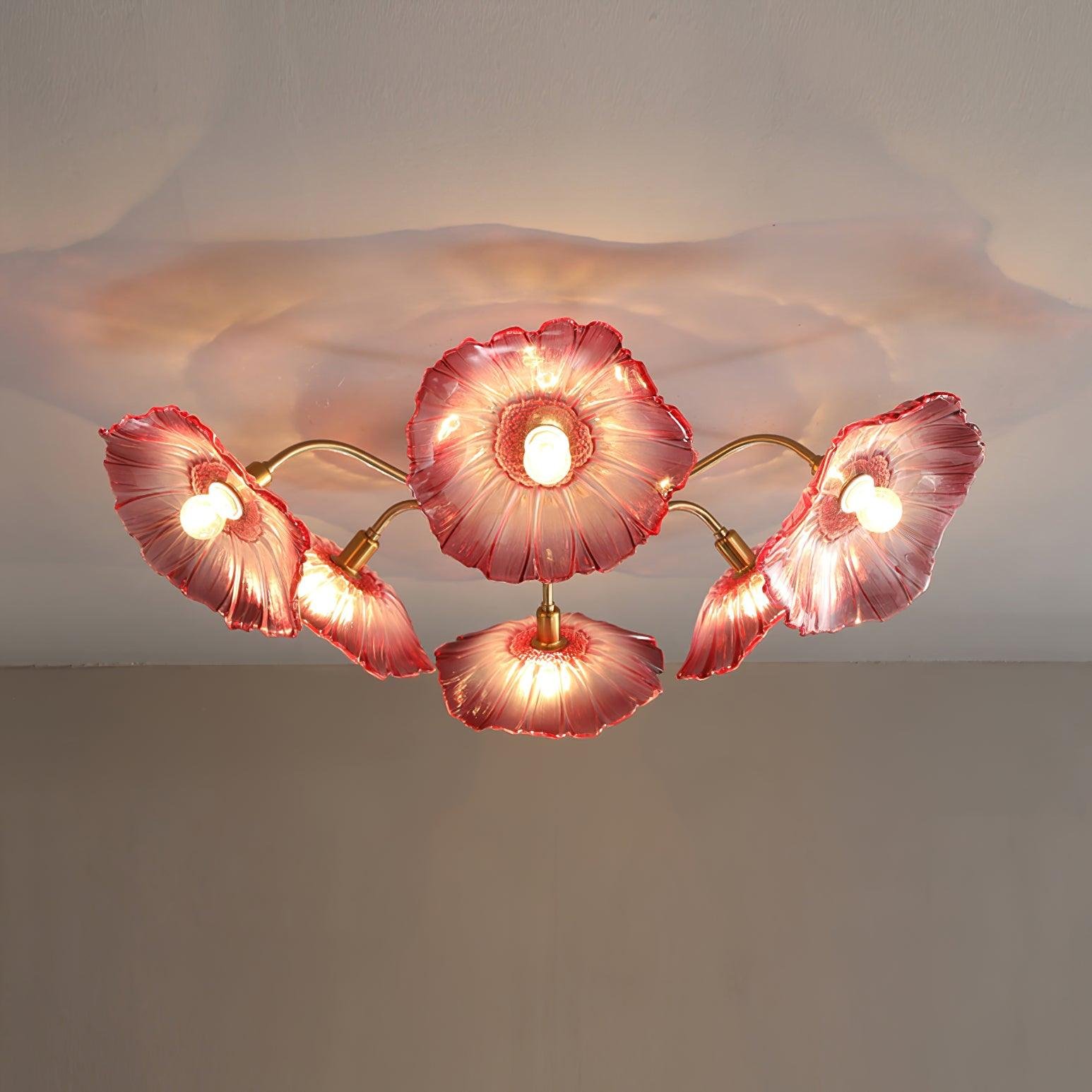 Gold and Pink Lotus Leaf Glass Ceiling Lamp with 6 Heads, 39.4 inches in Diameter and 10.3 inches in Height (100cm x 26cm)