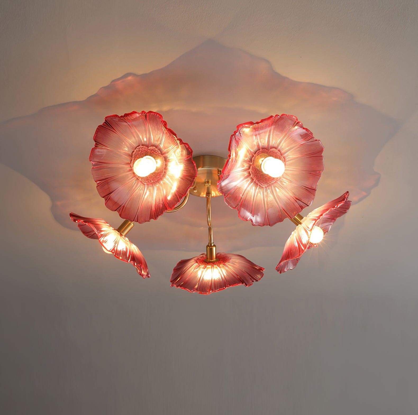 Gold and Pink Lotus Leaf Glass Ceiling Lamp - 5 Pendant Lights, 39.4" Diameter x 10.3" Height (100cm x 26cm)
