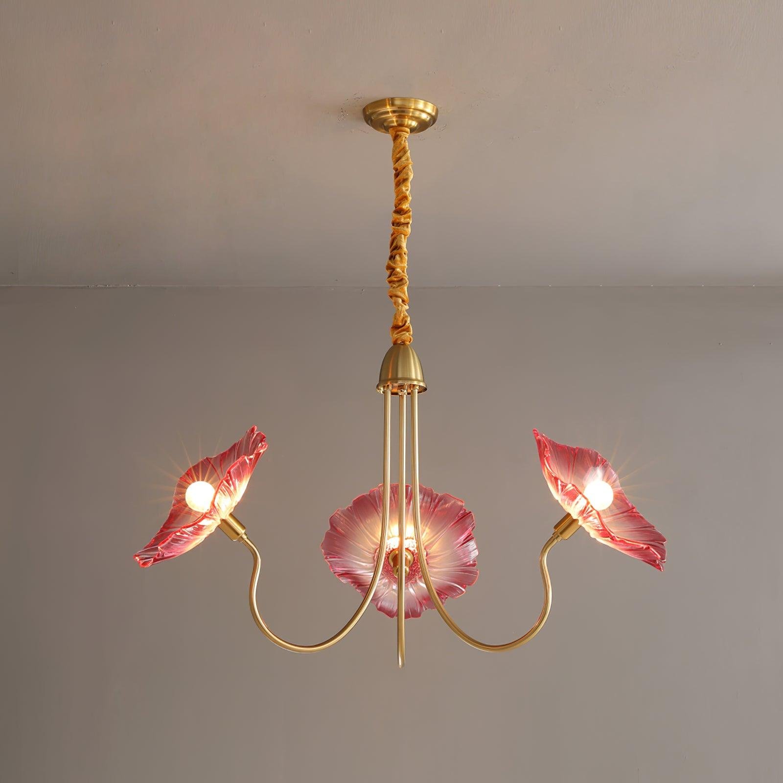 3-Head Lotus Leaf Glass Chandelier in Gold and Pink, measuring 35.4" in diameter and 21.7" in height (90cm x 55cm)