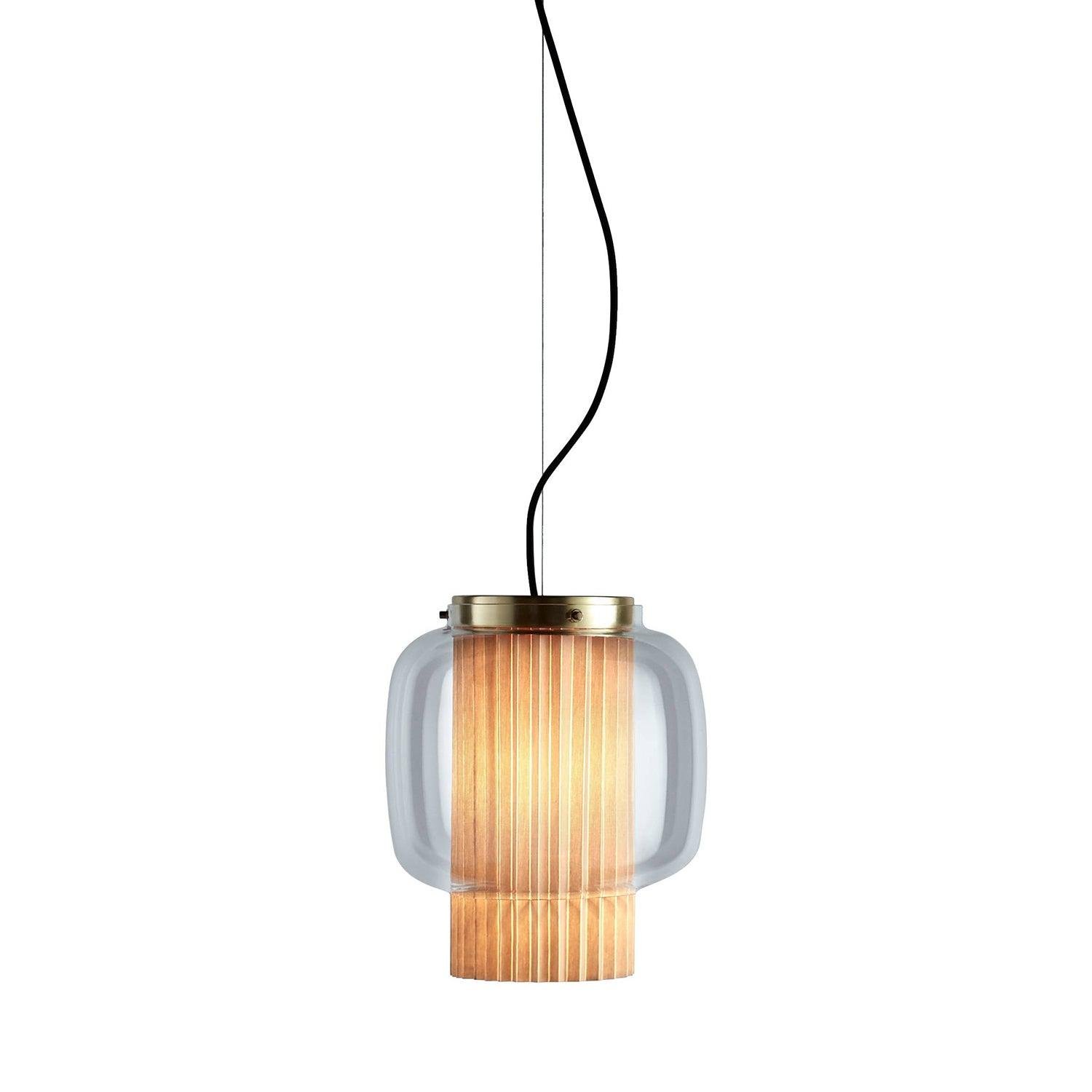 Gold and Clear Manila T Pendant Lamp with a diameter of 9.8 inches and a height of 10.8 inches, or 25cm x 27.5cm.