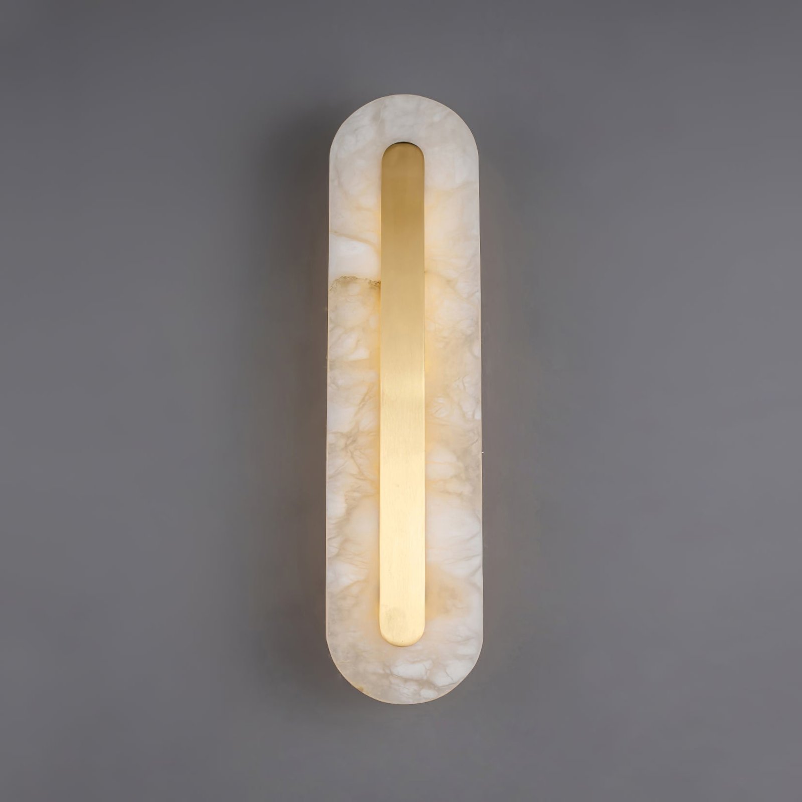 Rounded Wall Light with White and Brass Marble, Cool Light, measuring 5.5 inches in diameter and 19.7 inches in height (14cm x 50cm)