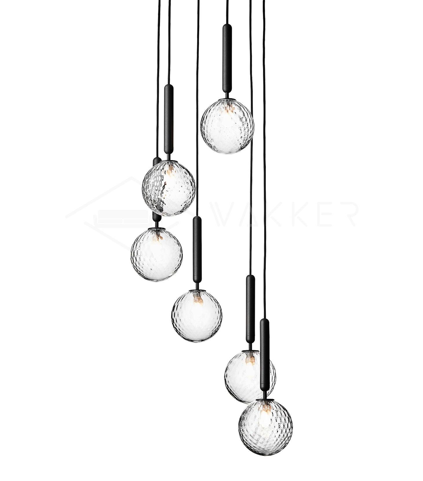 Black Miira Pendant Light with 6 Heads, measuring 11.8" in diameter and 59" in height (30cm x 150cm), featuring a clear design.