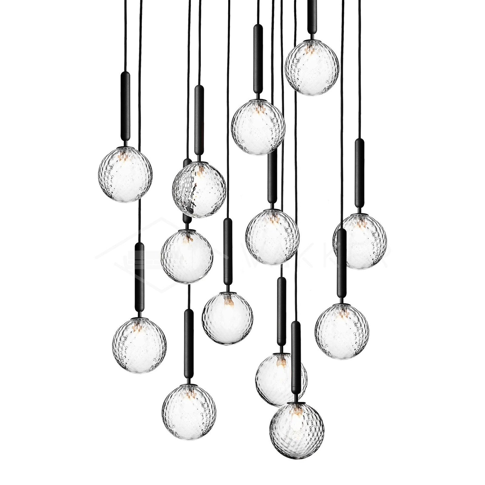 Miira Pendant Light with 13 heads, measuring 23.6 inches in diameter and 78.7 inches in height (60cm x 200cm), available in a stylish black color with a clear finish.