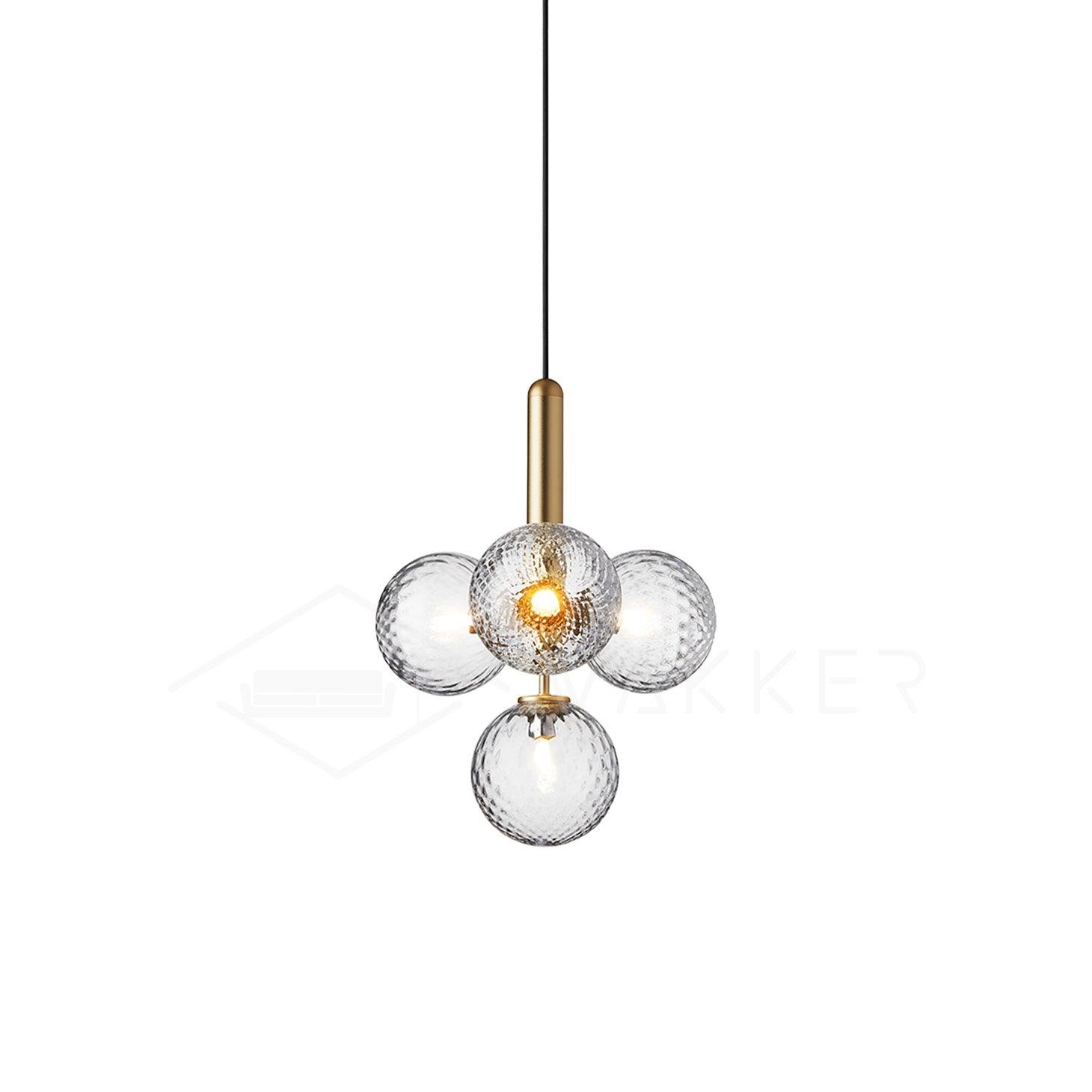 Miira Pendant Light with 4heads, measuring 13.8″ in diameter and 17″ in height (35cm x 43cm), in a stylish gold color with a clear design.