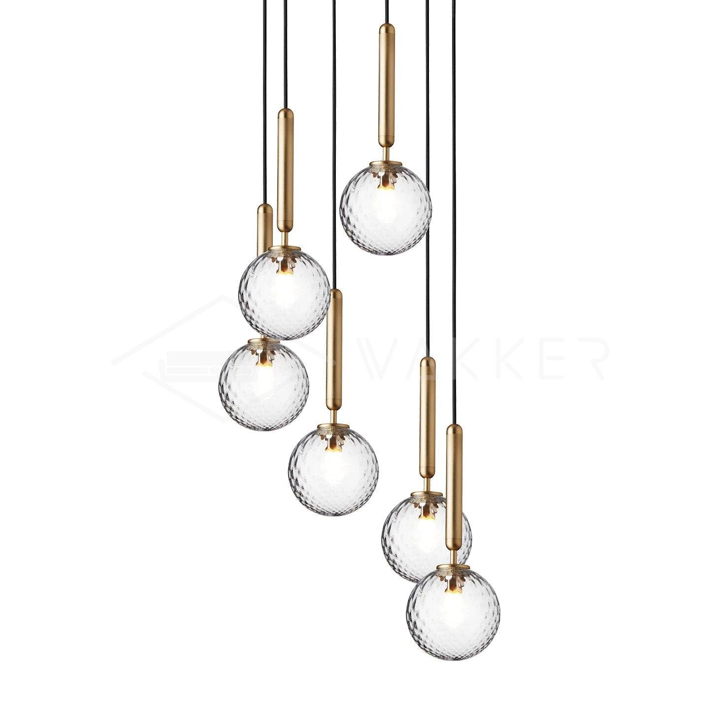 Brass Pendant Light with 6 Heads (11.8" Diameter x 59" Height, 30cm Diameter x 150cm Height, Brass Finish, Clear Glass)