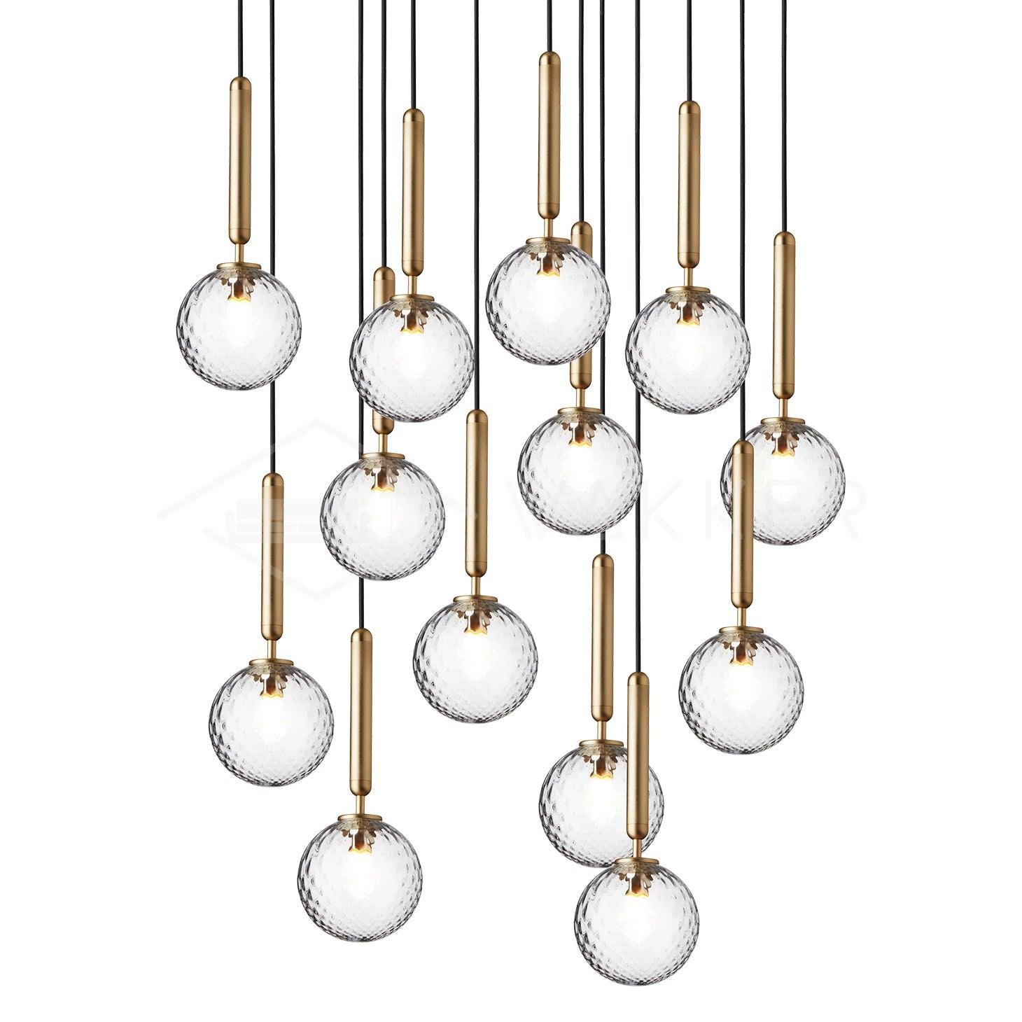Gold Clear Miira Pendant Light with 13 Heads, measuring 23.6 inches in diameter and 78.7 inches in height (or 60cm x 200cm).