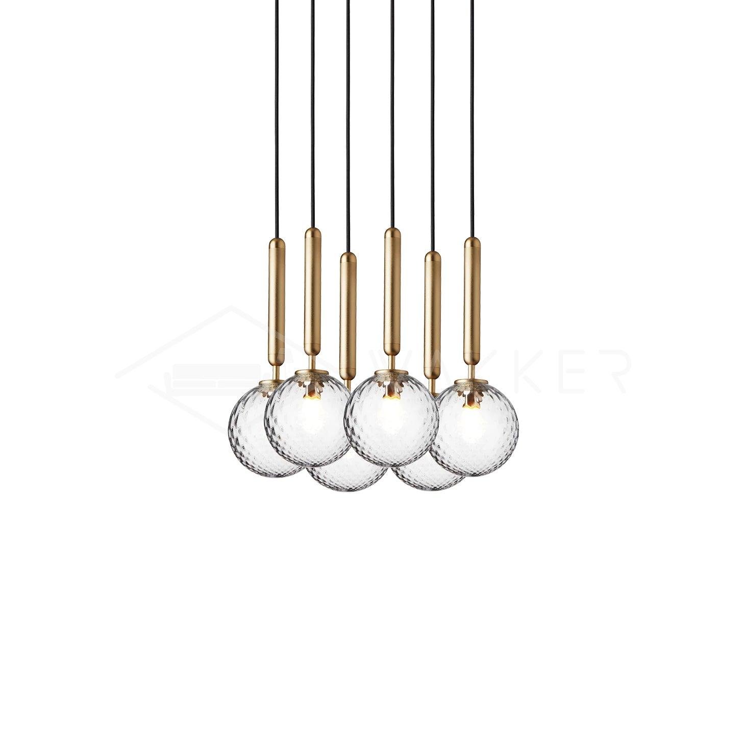 Miira Pendant Light with 6 heads, measuring 11.8 inches in diameter and 59 inches in height (30cm x 150cm), in a Gold and Clear finish.