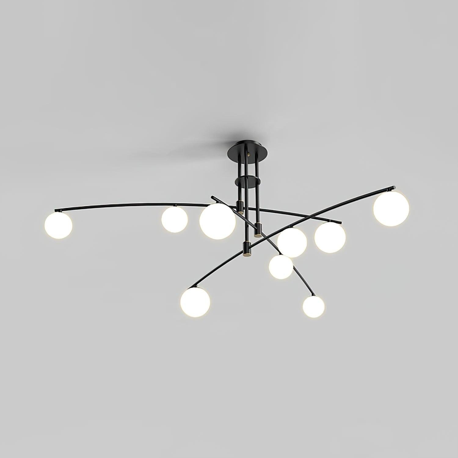 Black Modern Long Arm Chandelier with 9 Heads, measuring 57.1 inches in diameter and 17.7 inches in height (or 145cm x 45cm)