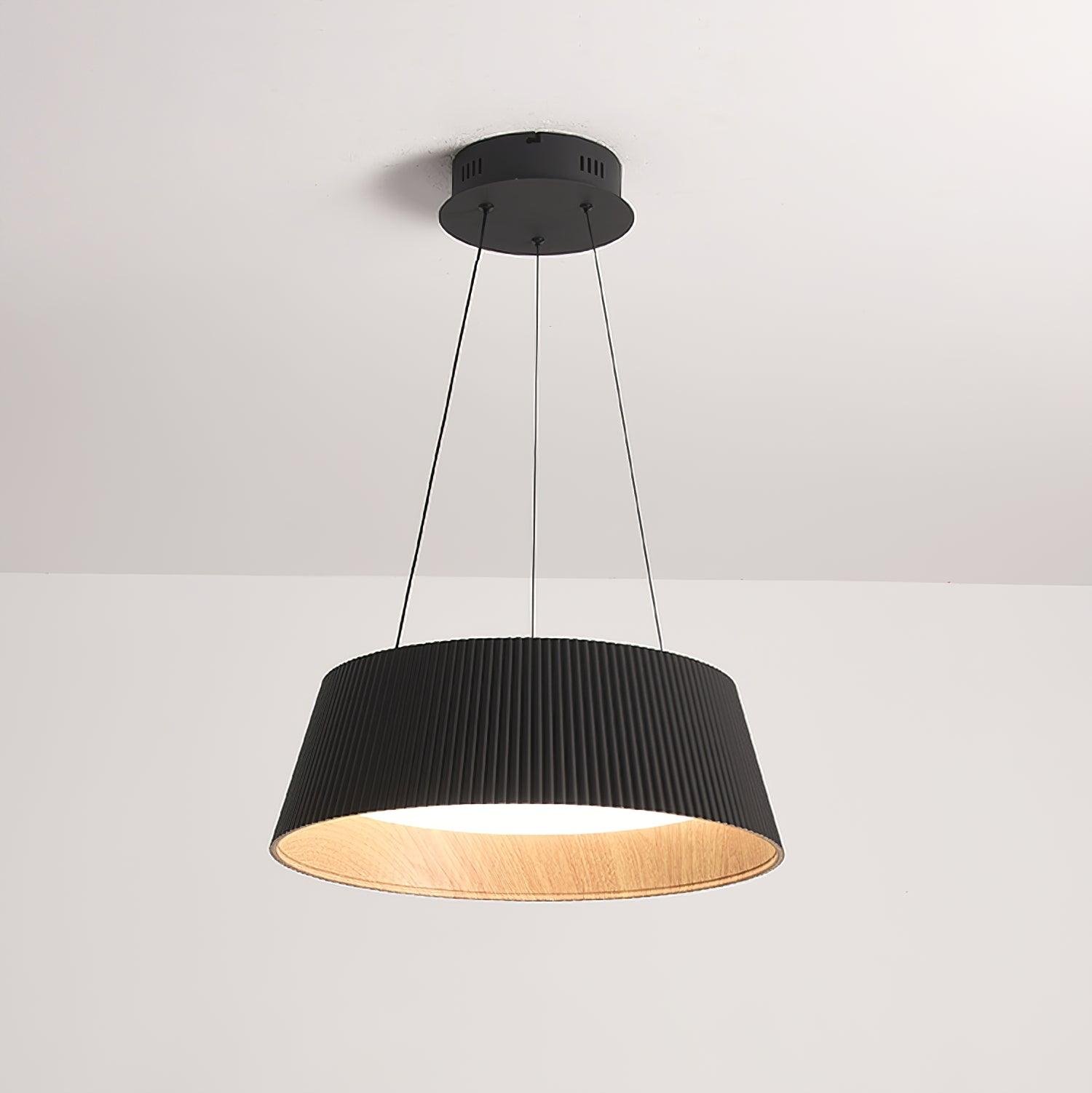 Black Modern Ribbed Pendant Light, measuring 18.1 inches in diameter and 5.9 inches in height (46cm x 15cm), emitting a cool light.