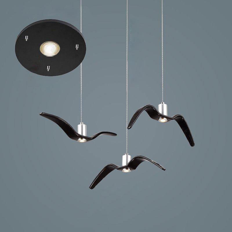 Black Seagull Resin Pendant Light with 3 Heads and 30cm Diameter, Emitting Cold White Light
