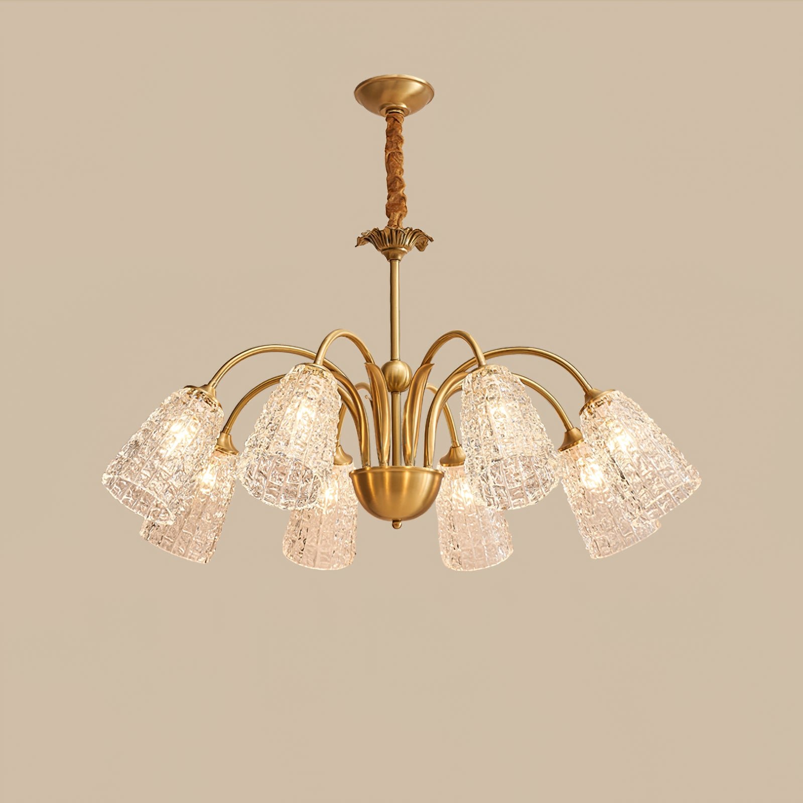8-Head Nikoll Chandelier: Dimensions of 35 inches in diameter and 15.3 inches in height (or 89cm x 39cm). Made of Brass with a Clear finish.