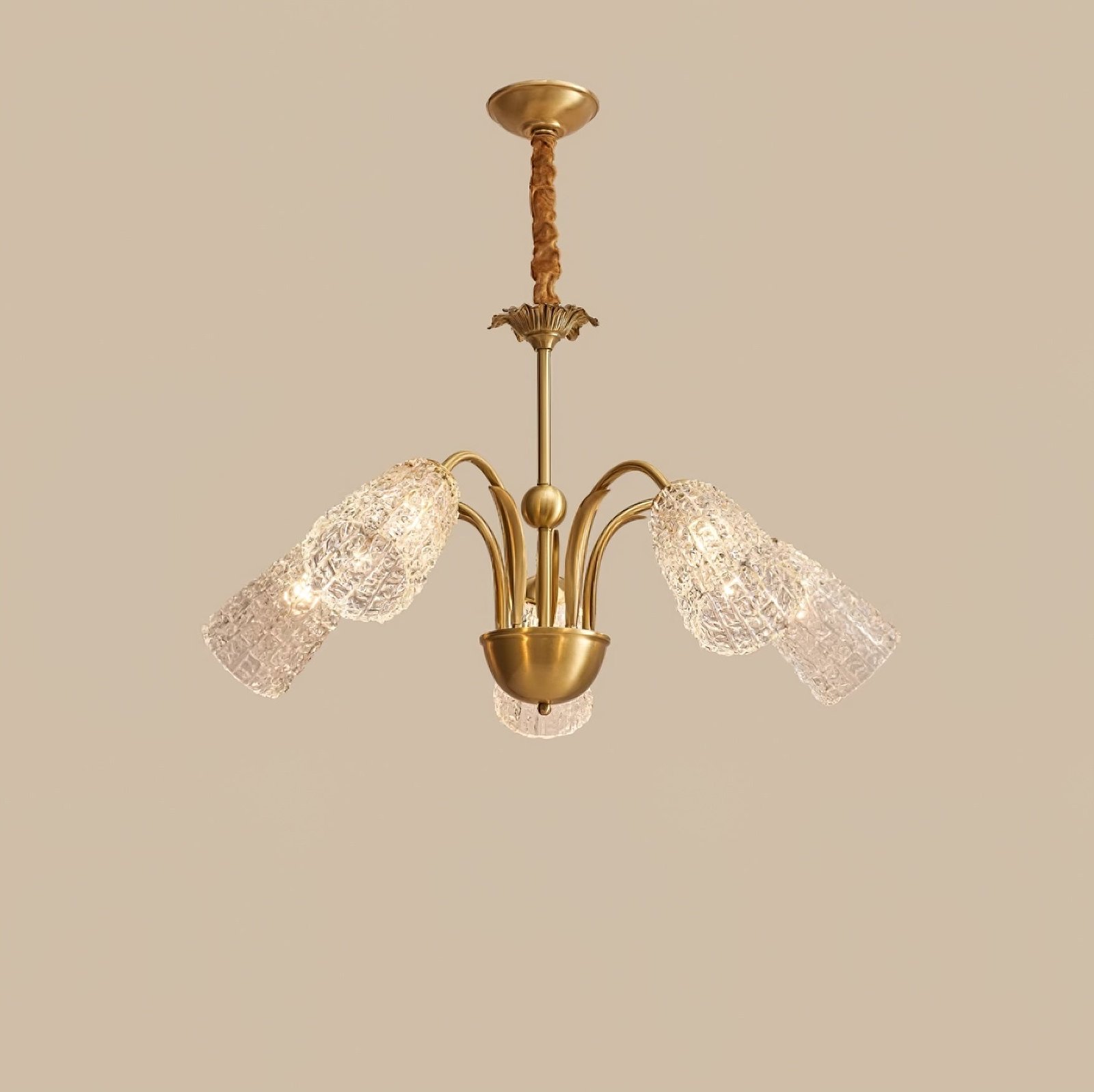 Brass Clear Nikoll Chandelier with 5 Heads: Dimensions of 31.4" diameter x 15.3" height (80cm dia x 39cm H)