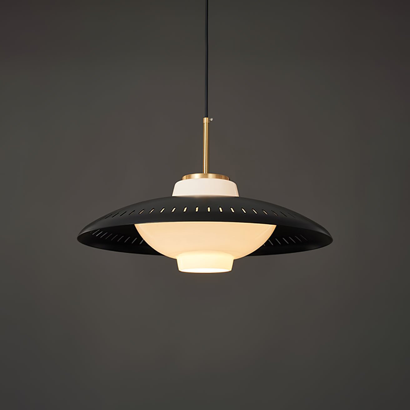 Black Pendant Lamp with Opal Shade measuring 17.7 inches in diameter and 8.8 inches in height, or 45cm in diameter and 22.5cm in height.