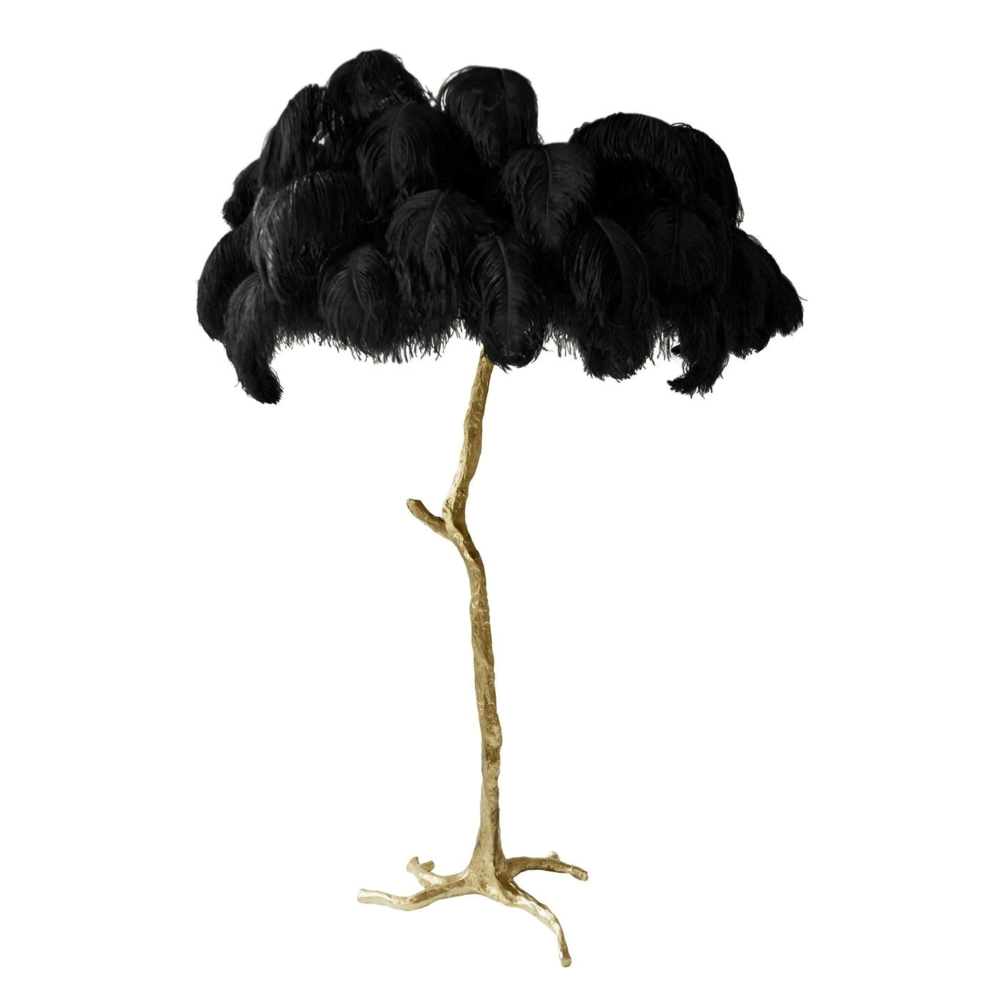 Brass Floor Lamp with Ostrich Feather Shade: Ø 39.4" x H 63" (100cm x 160cm), Polished Brass and Black
