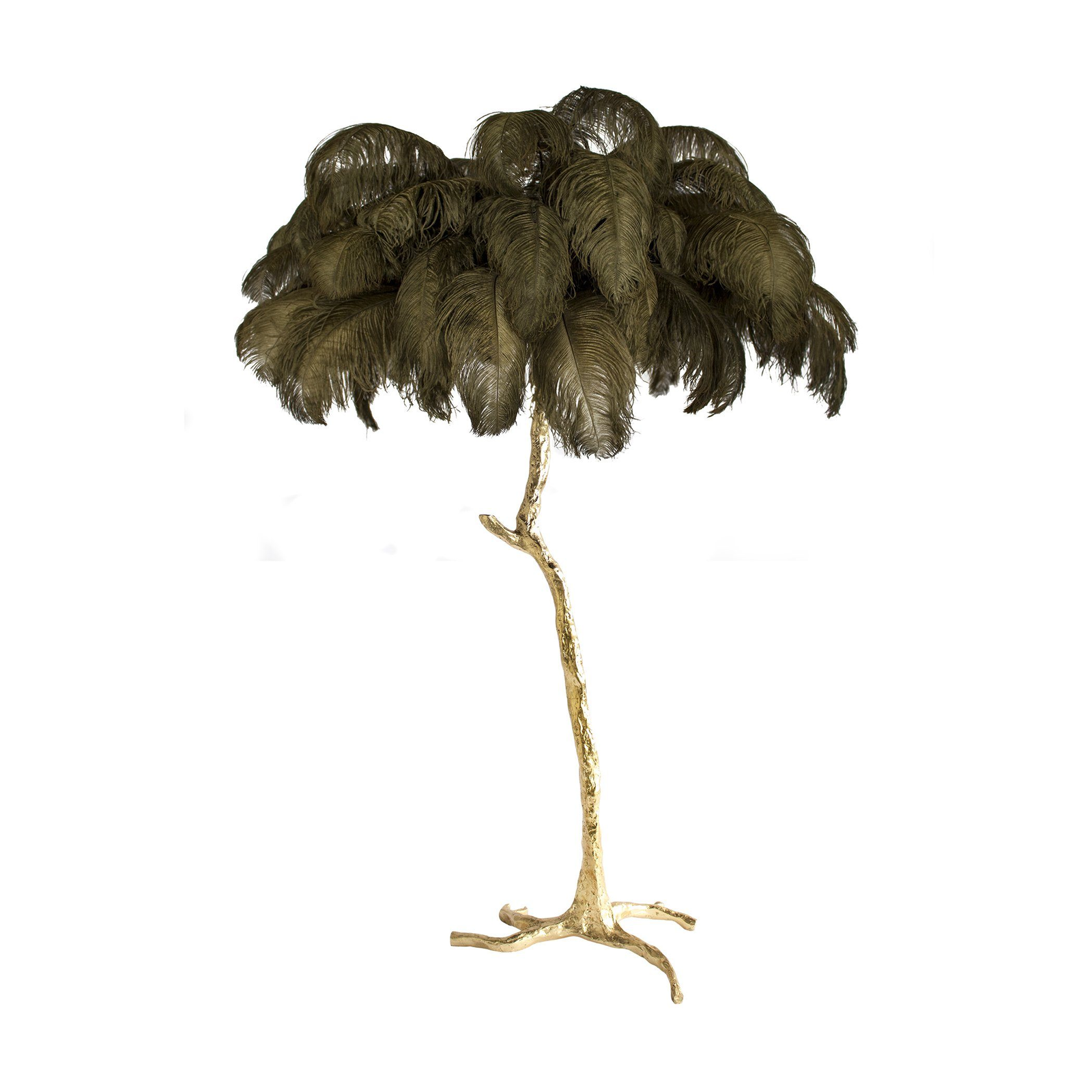 Resin Floor Light with Ostrich Feather detailing, measuring ∅ 39.4″ x H 63″ (Dia 100cm x H 160cm) in a Gold and Moss green color combination.