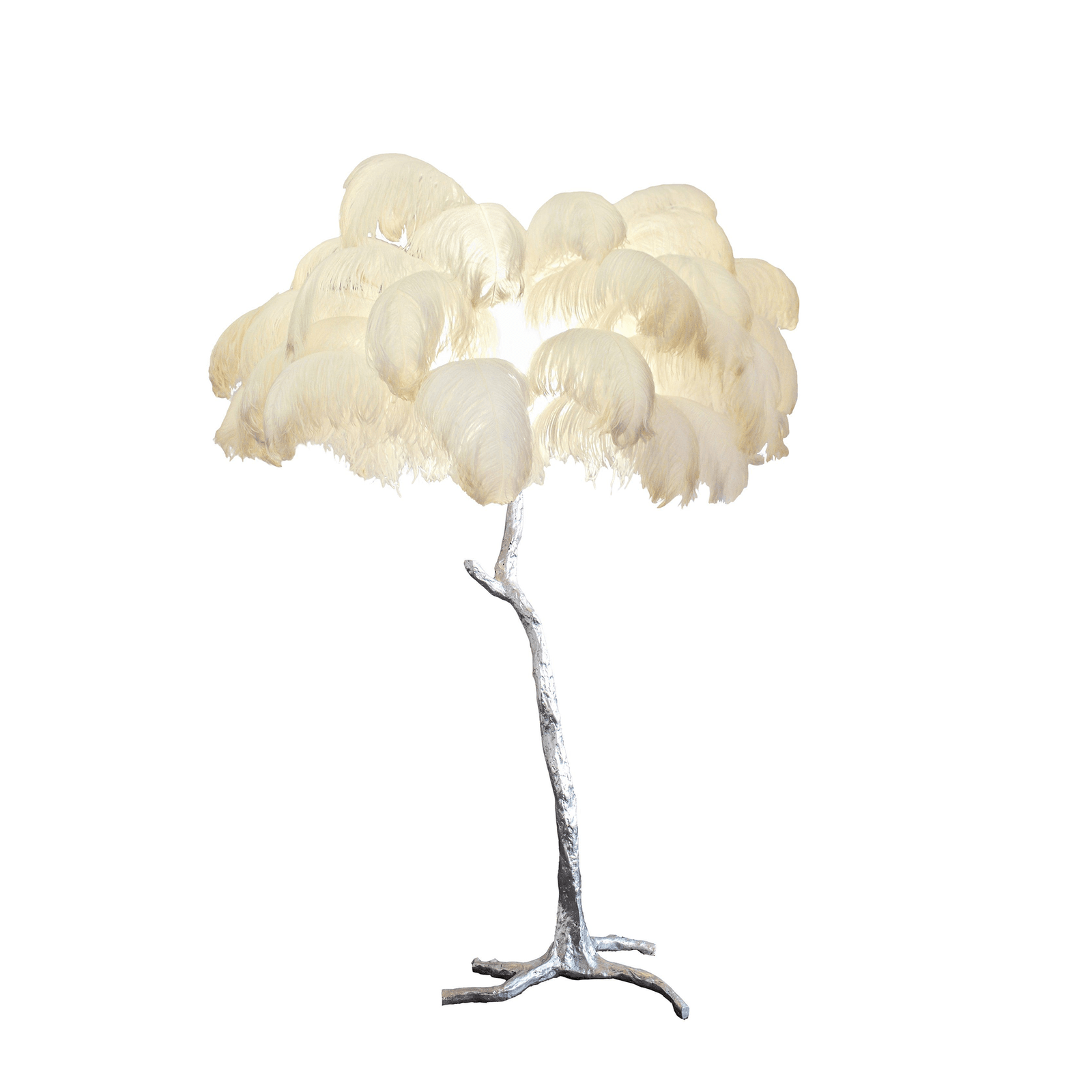 Silver Brass Floor Lamp with Ostrich Feather Ornamentation, measuring 39.4 inches in diameter and 63 inches in height (or, alternatively, 100cm in diameter and 160cm in height).