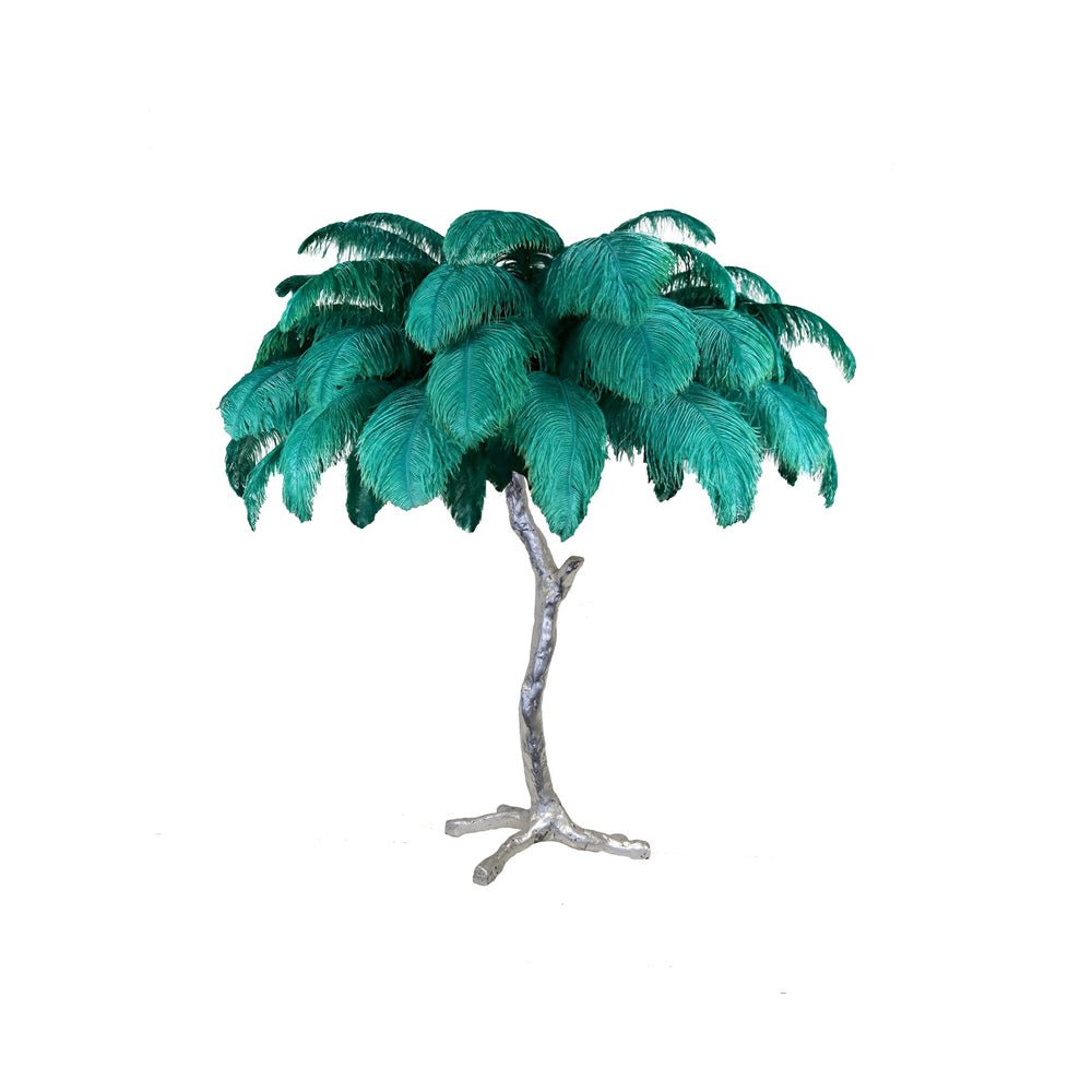 Silver Peacock Green Ostrich Feather Table Lamp - Diameter 29.5", Height 29.5" (75cm x 75cm)