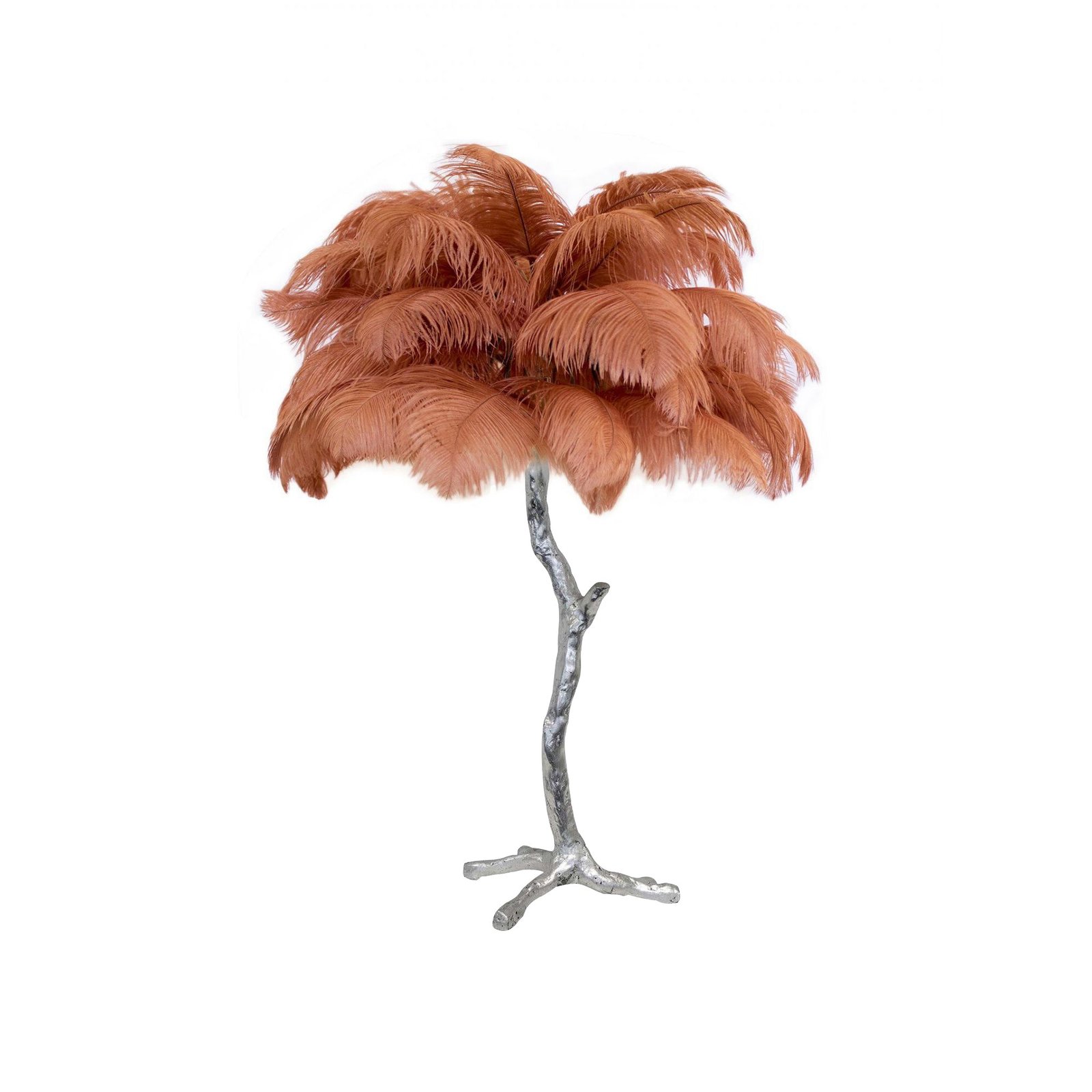 Silver Ostrich Feather Table Lamp in Mandarin Orange color, measuring 29.5" in diameter and height or 75cm in both dimensions.