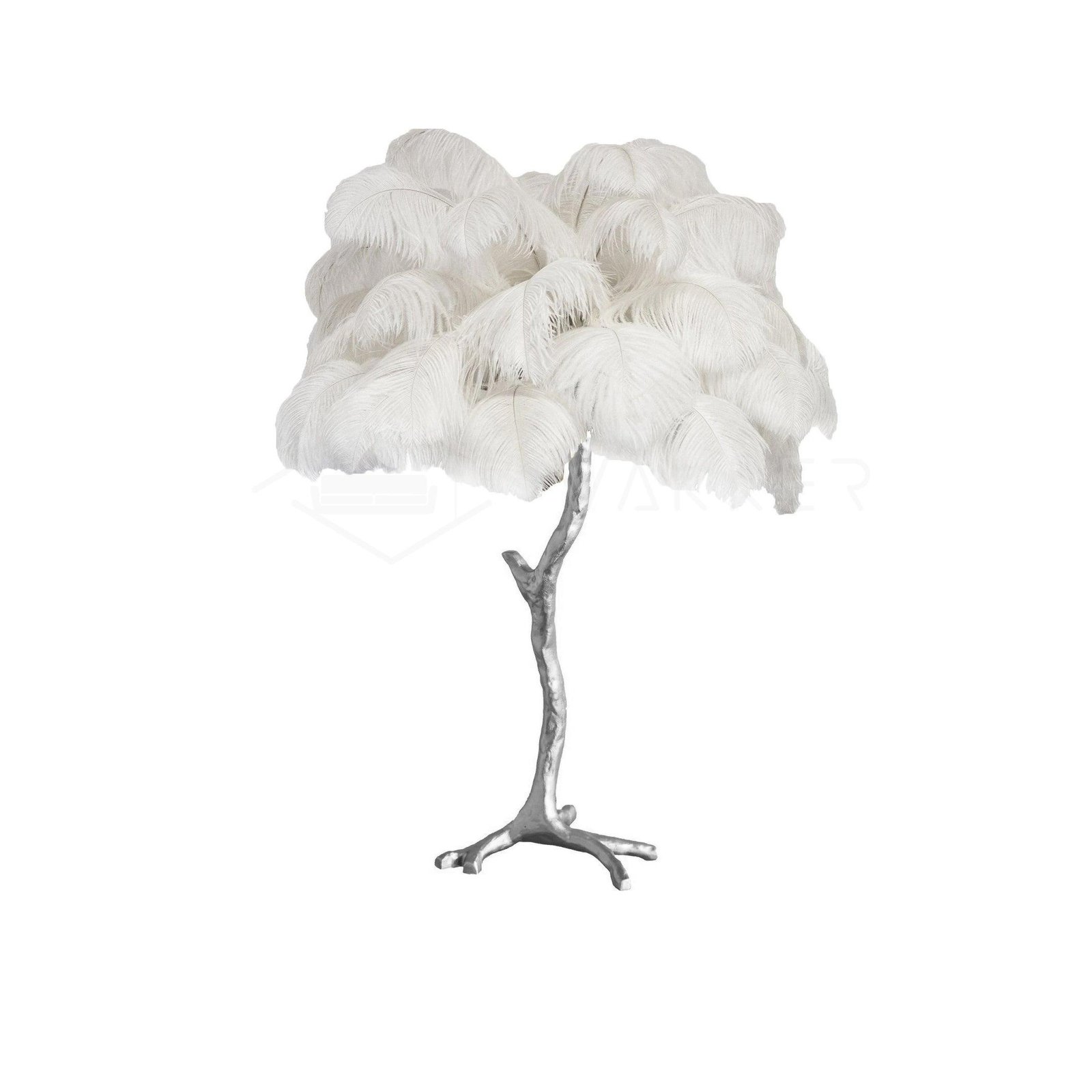 Silver and White Table Lamp with Ostrich Feather Shade - Measures 29.5" in Diameter and 29.5" in Height (or 75cm in Diameter and 75cm in Height)