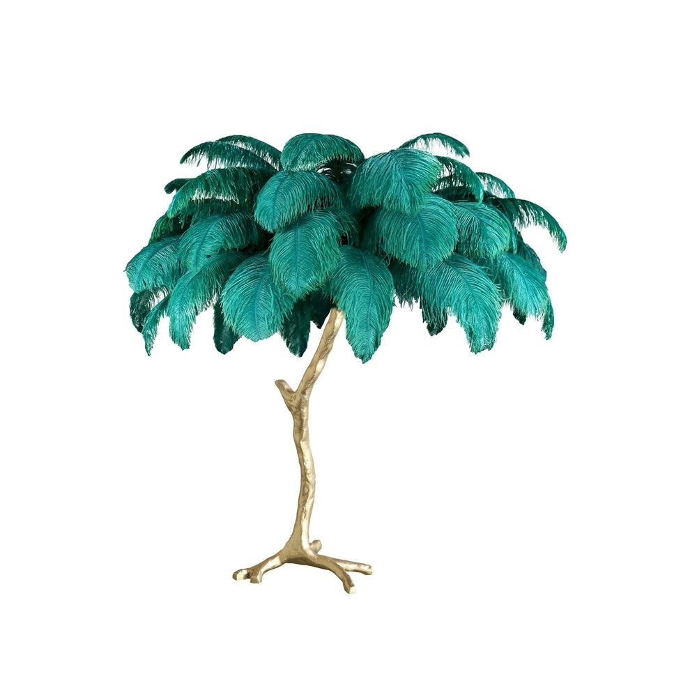 Ostrich Feather Shade Table Lamp, Dimension: 29.5 inches Diameter x 29.5 inches Height (75cm Diameter x 75cm Height), Crafted from Polished Brass, Peacock Green Color.