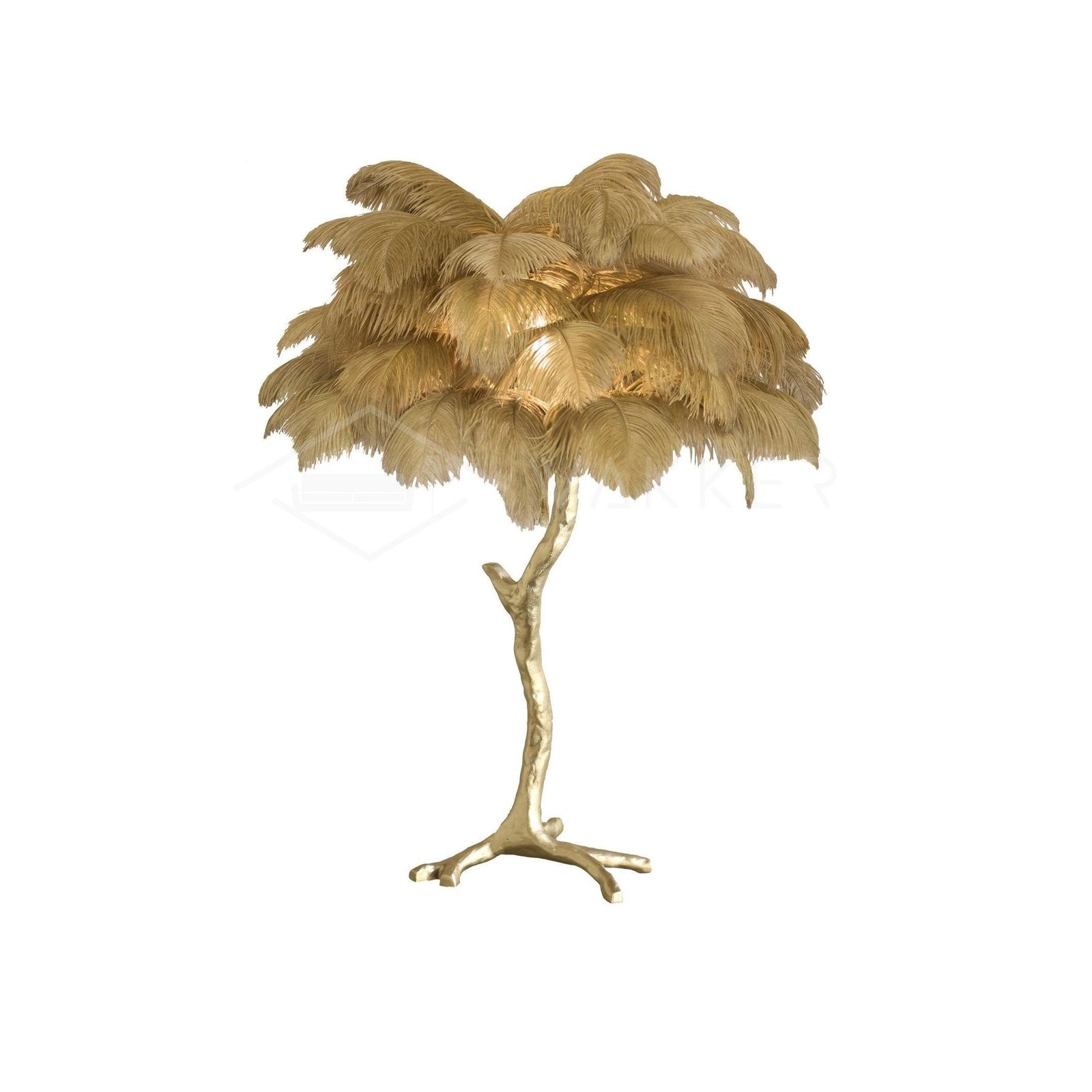 Ostrich Feather Shade Table Lamp: 29.5" Diameter and Height, Polished Brass in Elegant Old Gold Color, 75cm Diameter and Height