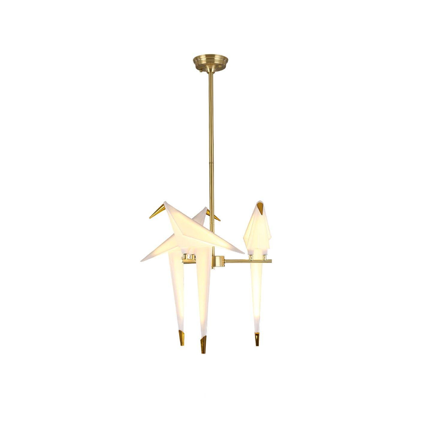 Chandelier with 3 Perching Bird Heads, Round Shape, 15.7" Diameter x 35.4" Height (40cm Dia x 90cm H), Gold and White Finish, Cold White Lighting