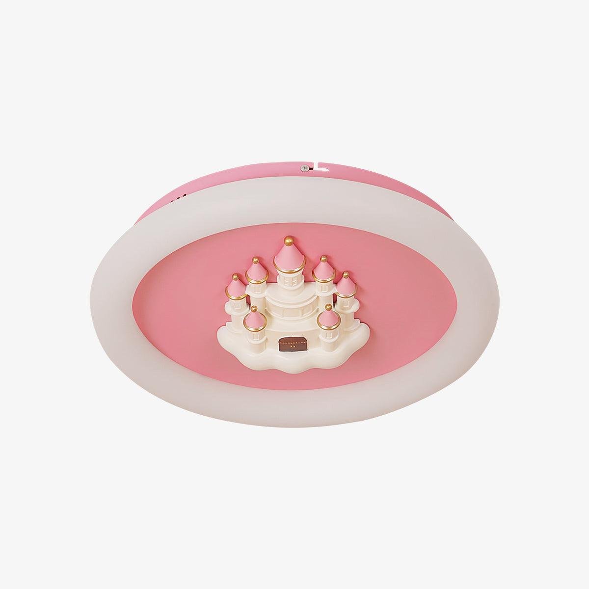 Pink Castle Round Ceiling Lamp with a diameter of 20.1 inches and a height of 4.7 inches (51cm x 12cm), emitting a cool light in a vibrant pink color.