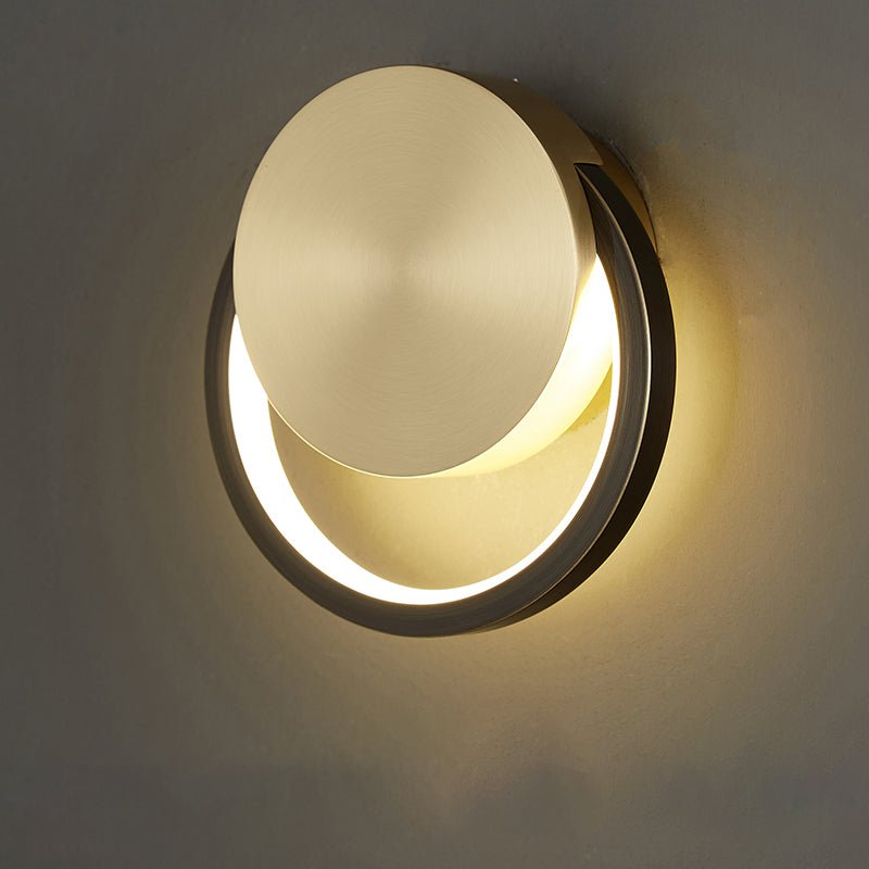 Set of 2 Black and Brass Ring Shaped LED Wall Lights, Diameter 15cm, with Three-Color Changing Light