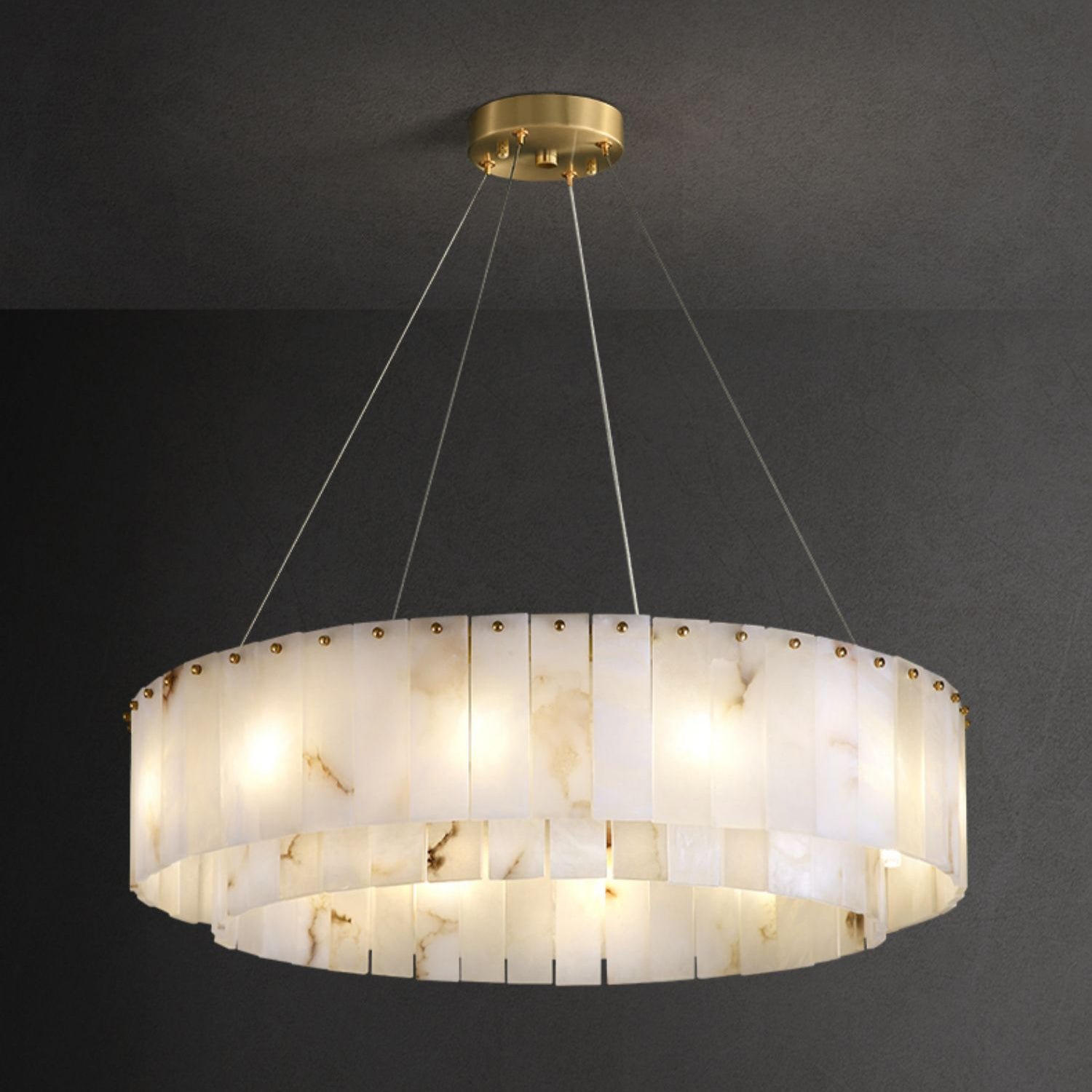 Alabaster Rock Chandelier - Dimensions: Diameter 31.4 inches x Height 59 inches (80cm x 150cm), Material: Brass and White Alabaster.