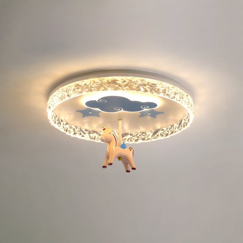 Children's Round Carousel Ceiling Lamp with a diameter of 19.7 inches / 50cm and a height of 12.2 inches / 31cm, Model B Blue, emitting a refreshing cool light.
