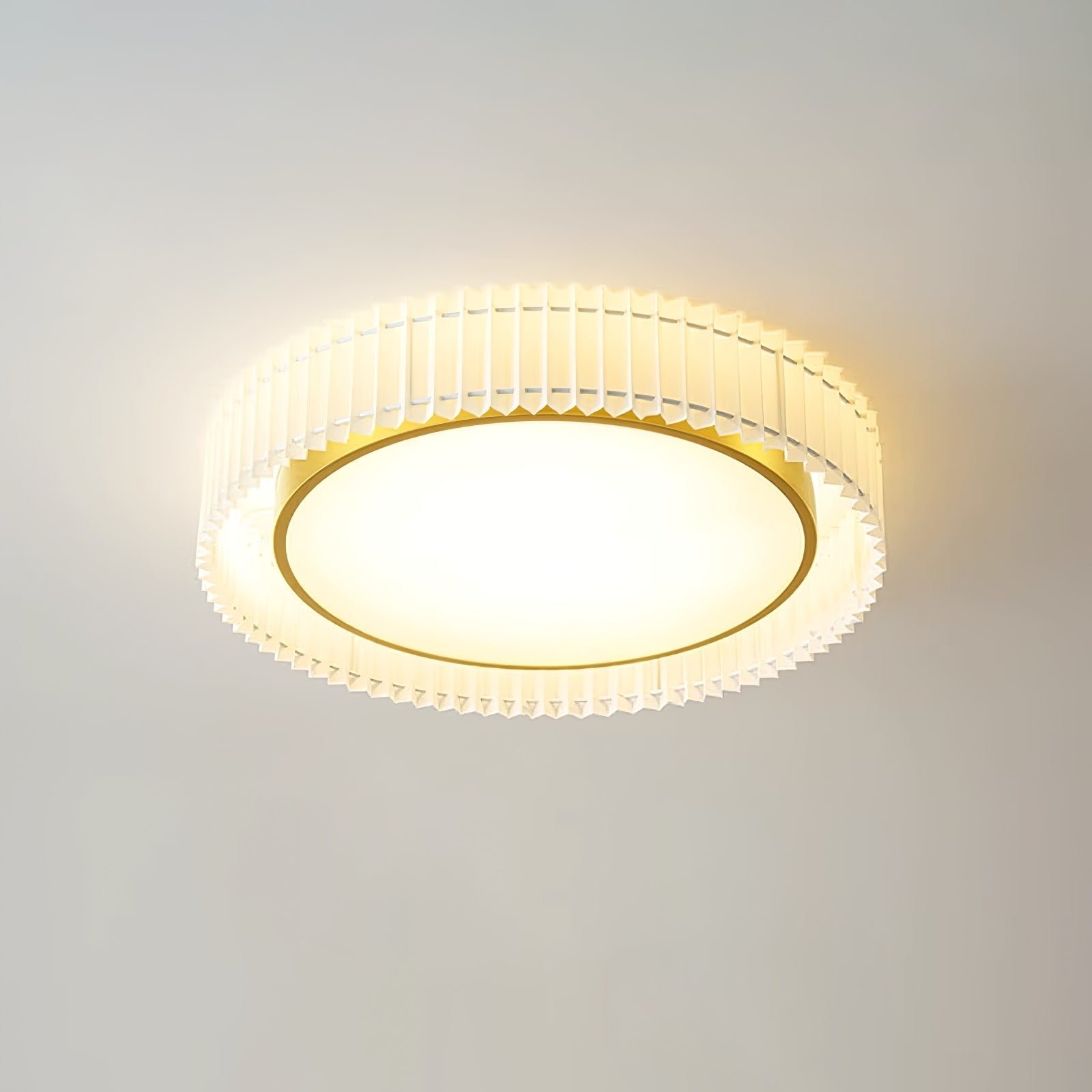 Round Pleated Ceiling Lamp in Gold Beige with Cool White Lighting, Size ∅ 15.7″ x H 7.8″ (40cm x 20cm)