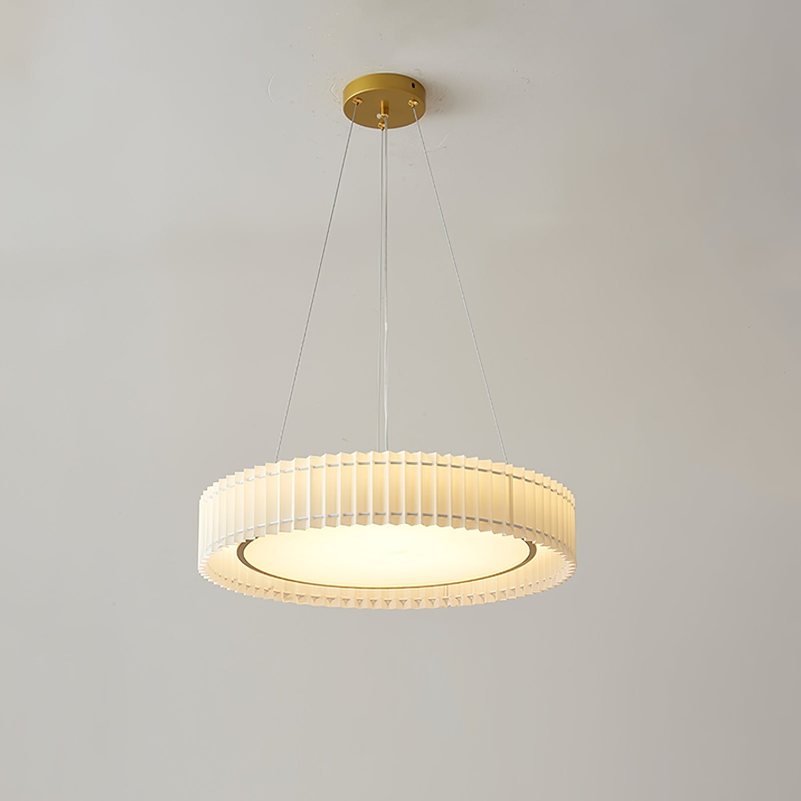 Round Pleated Pendant Lamp in Gold and Beige, Diameter 23.6 inches and Height 7.8 inches (60cm x 20cm), emitting Cool White light.
