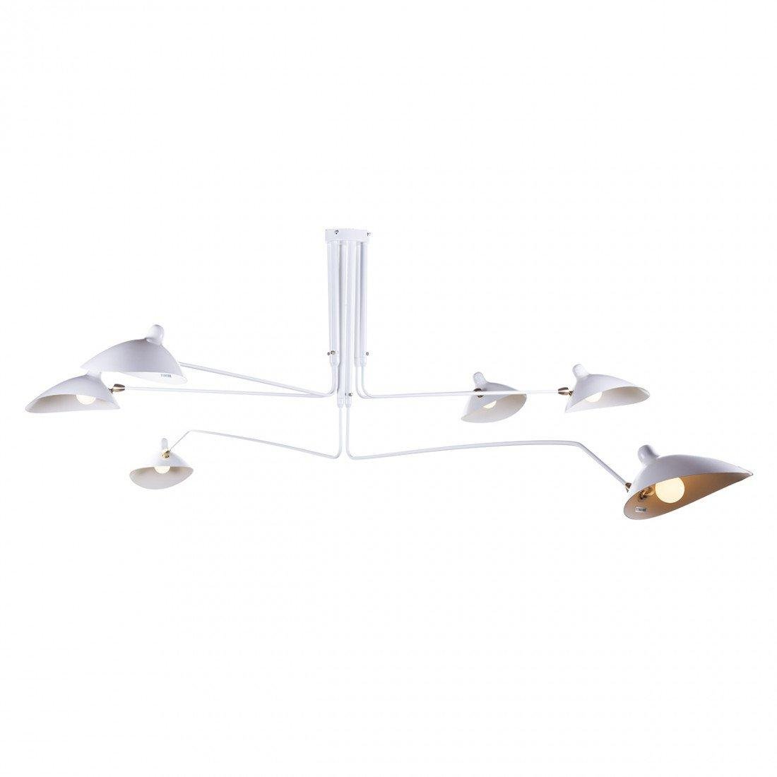 6-Headed White Serge Mouille Ceiling Light - Large Size: L 86.6" x H 12.6" (L 220cm x H 32cm)