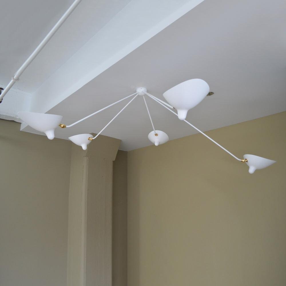 5-Headed White Serge Mouille Ceiling Lamp, Dimensions: L 75″ x H 27.5″ (L 190cm x H 70cm)