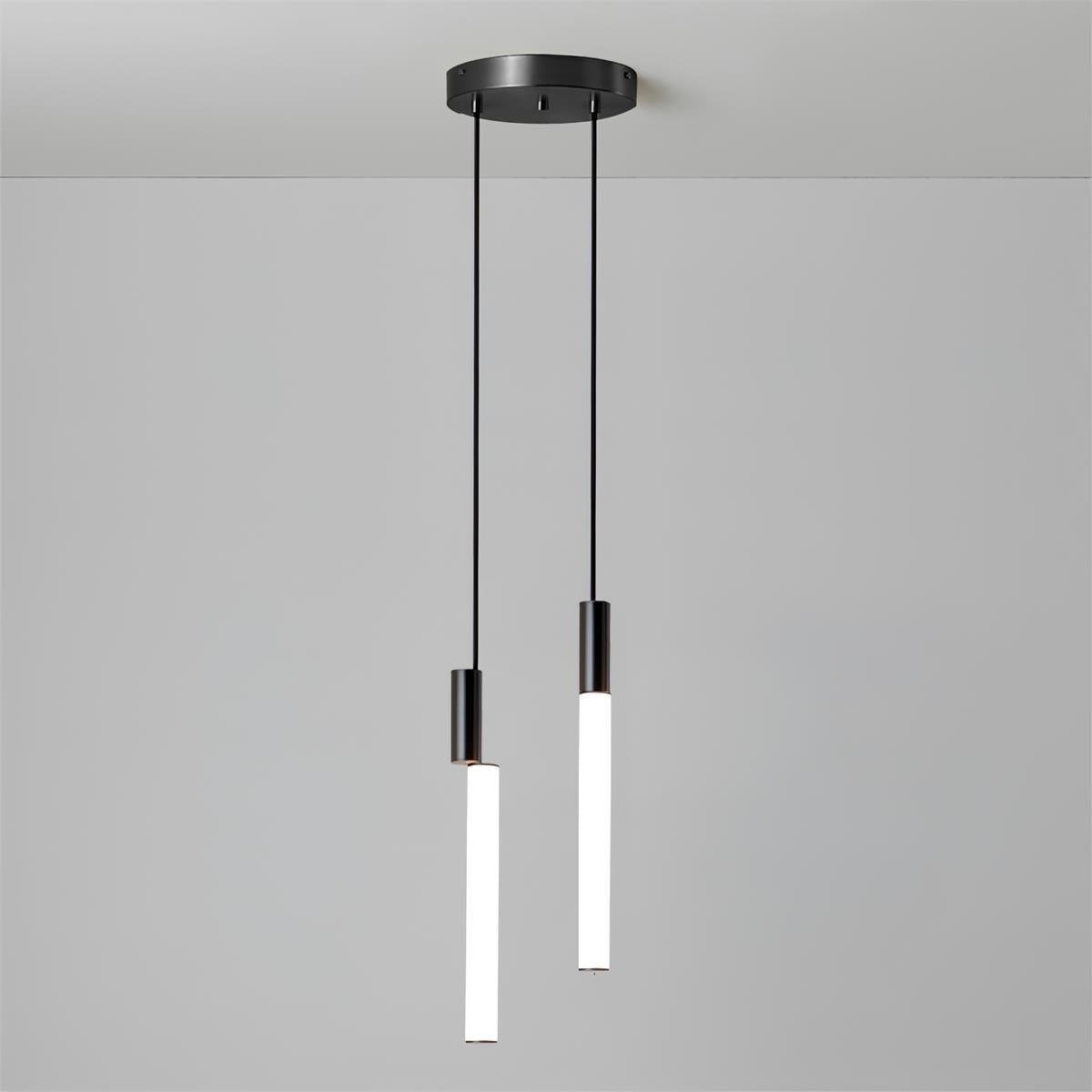 LED Pendant Light with Signal Design, 2 Heads, 5.9" Diameter x 59" Height (15cm Dia x 150cm H), in Black and White, emitting Cool Light.