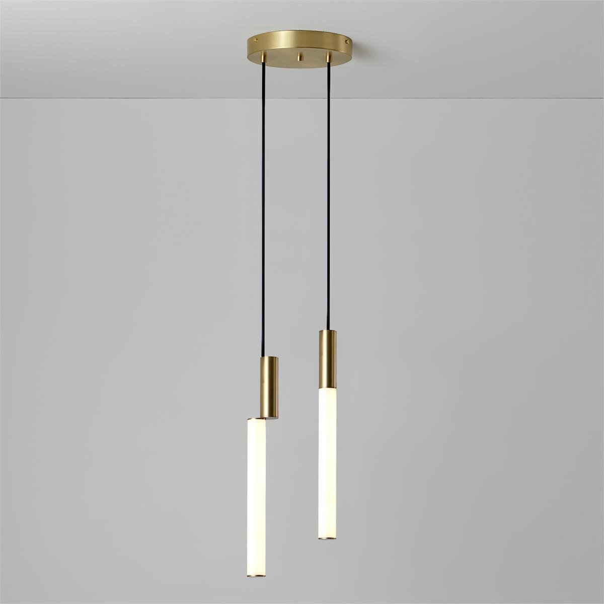 Gold and white Signal LED Pendant Light with 2 heads, measuring 5.9" in diameter and 59" in height (15cm x 150cm), emitting a cool light.