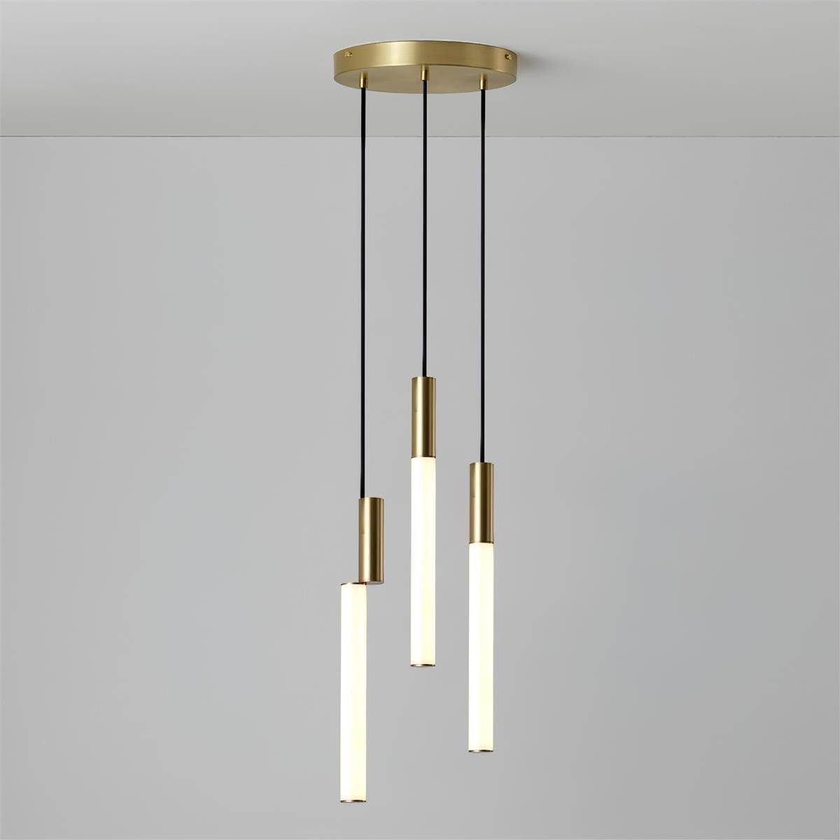 Gold and white LED pendant light with 3 heads, measuring 7.9 inches in diameter and 59 inches in height (20cm x 150cm), emitting a cool light.