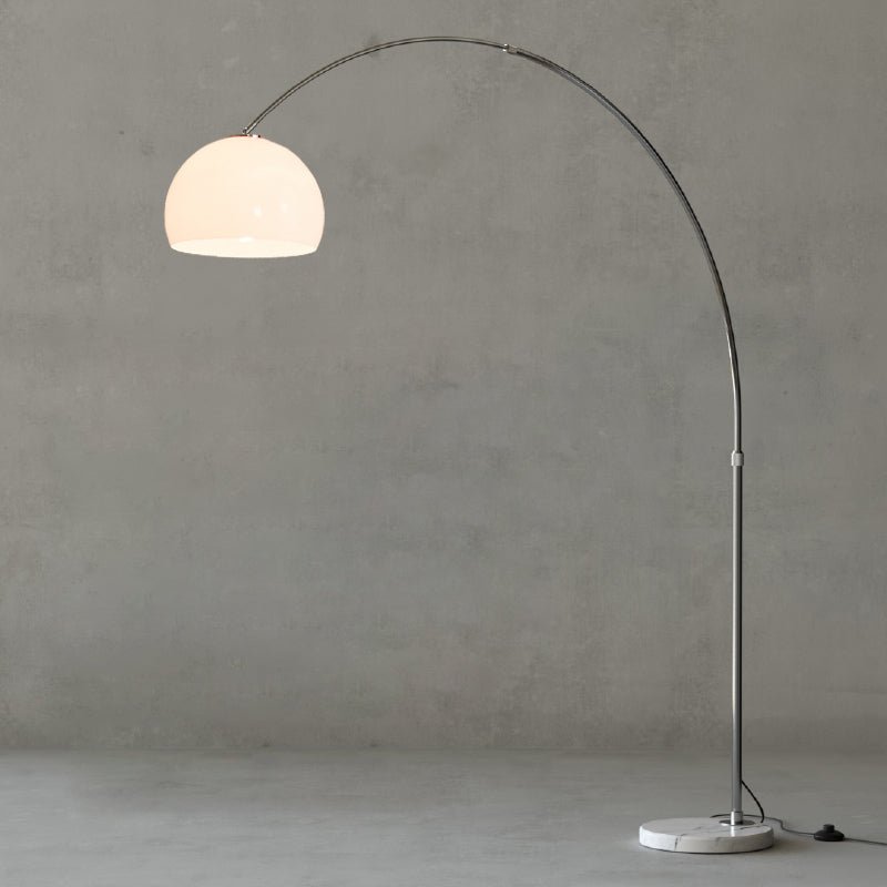 Sneedville Arched Floor Lamp in Stainless Steel Satin Nickel+White, EU plug - Dimensions: Width 51.2″ x Height 66.9″ (130cm x 170cm)