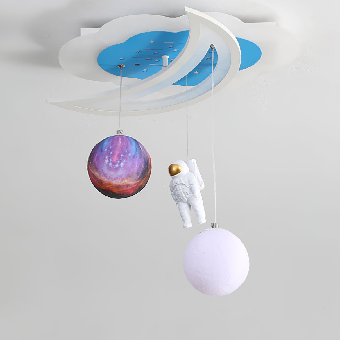 Space Astronaut Star Ceiling Lamp in White and Blue with Cool Light, measuring L 17.7″ x W 16.3″ x H 3.9″ (45cm x 41.5cm x 10cm)