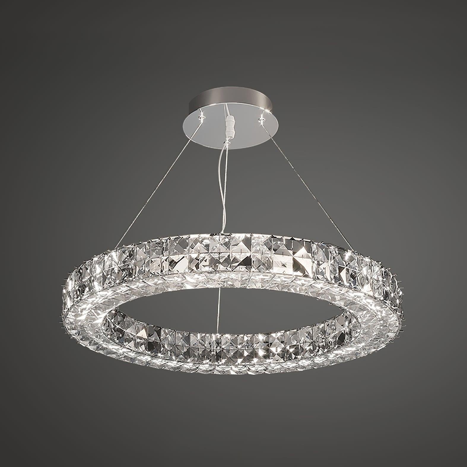 Silver Spiridon Chandelier with a diameter of 23.6 inches and a height of 59 inches (or a diameter of 60cm and a height of 150cm). The chandelier emits a cool white light.