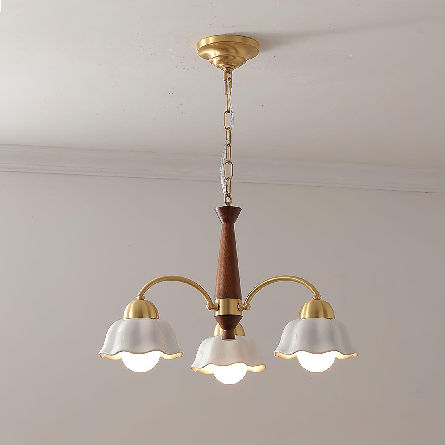 3-light Swedish Modern Brass Chandelier with Walnut Wood Accent, measuring 23.6 inches in diameter and 14.6 inches in height (or 60cm x 37cm)